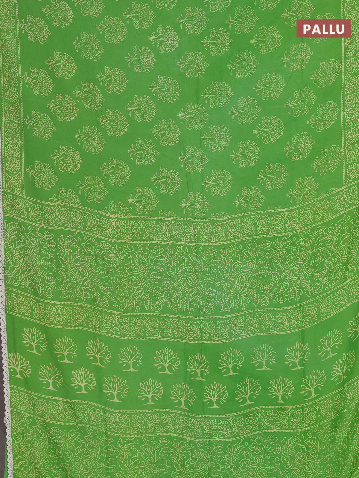 Semi pashmina silk saree light green and cream with allover floral butta prints and crocia lace work border - Image 3