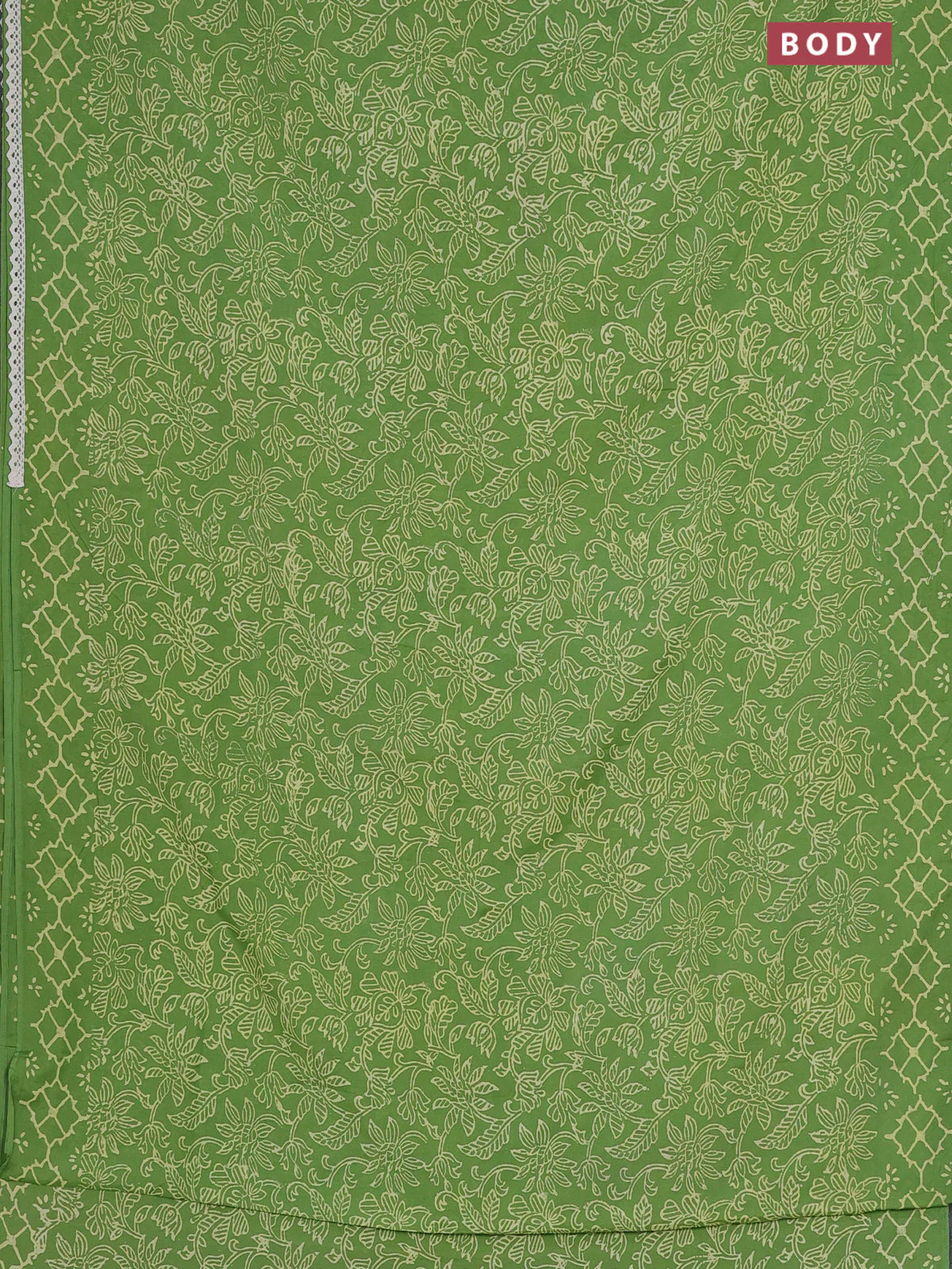 Semi pashmina silk saree light green and cream with allover prints and crocia lace work border - Image 2