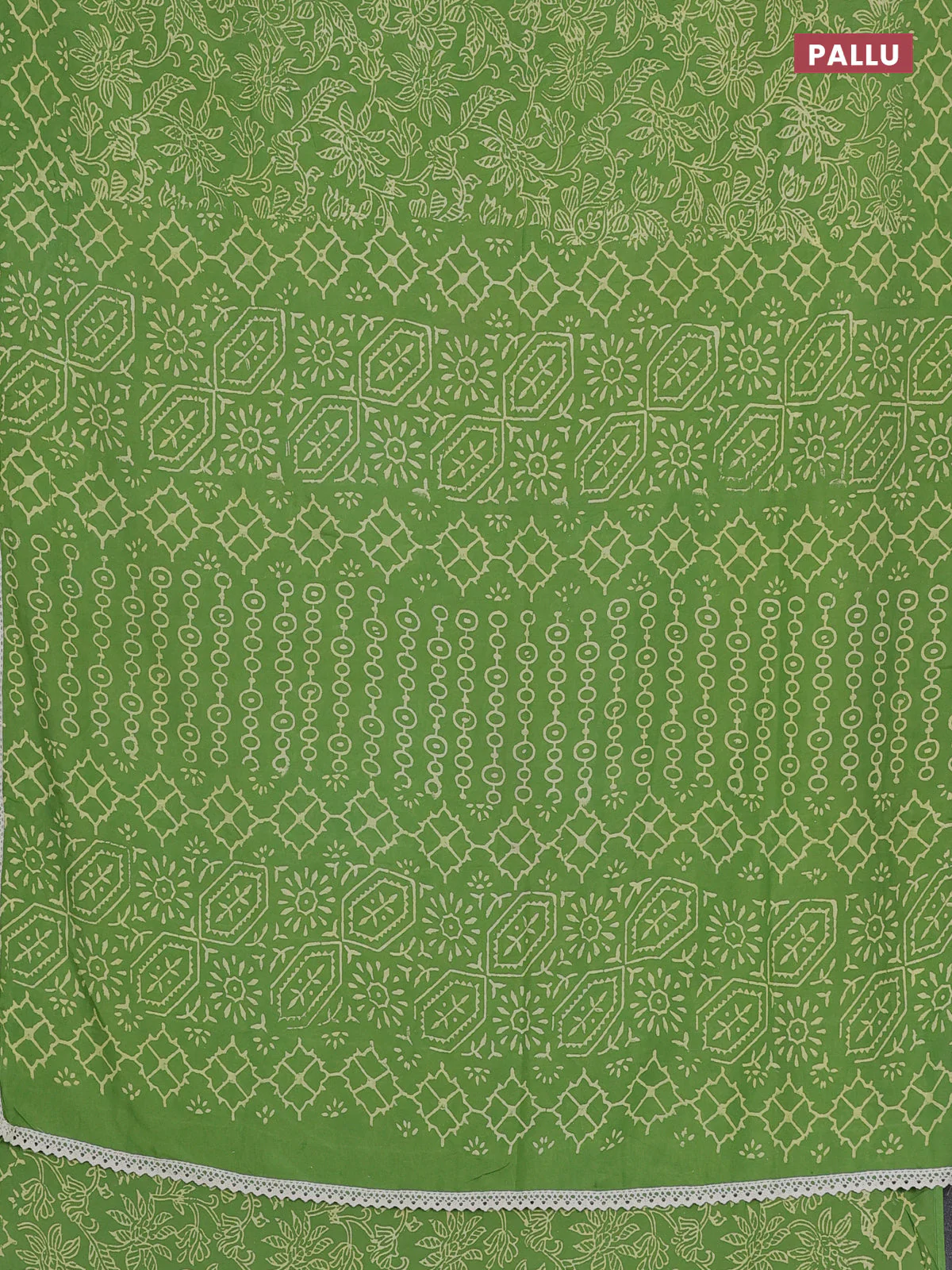 Semi pashmina silk saree light green and cream with allover prints and crocia lace work border - Image 3