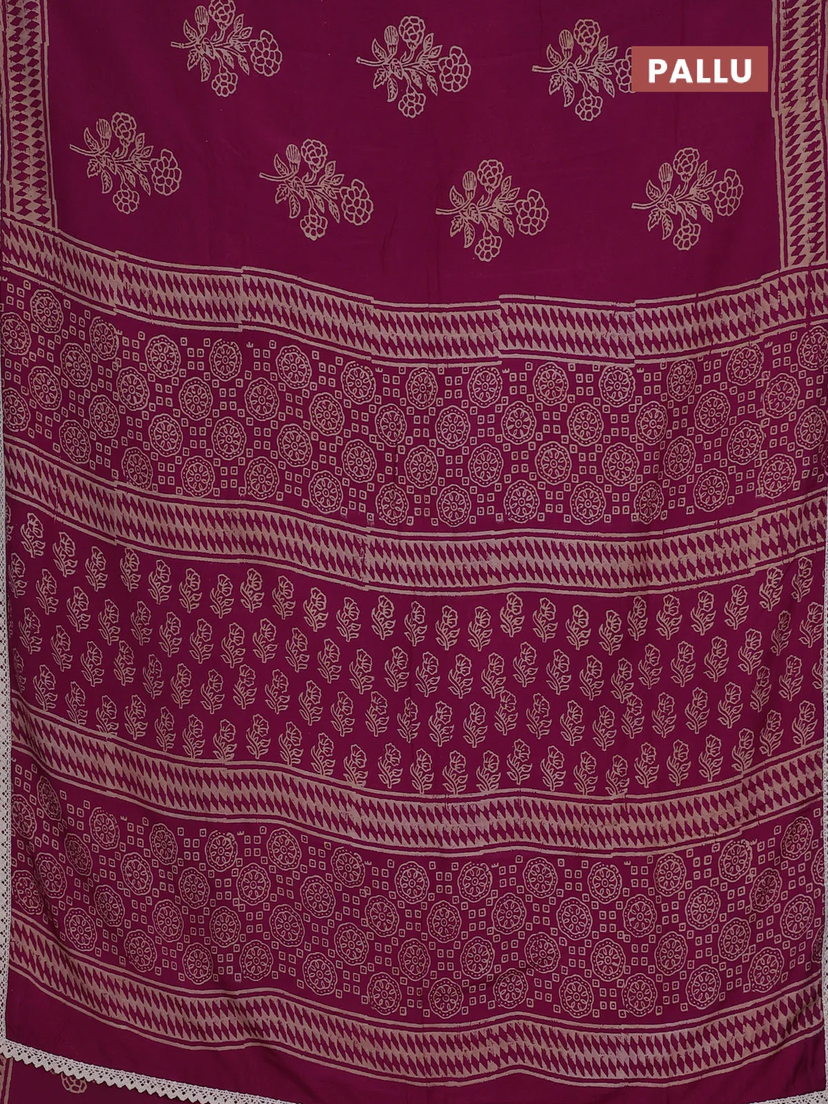 Semi pashmina silk saree magenta pink and cream with butta prints and crocia lace work border - Image 3
