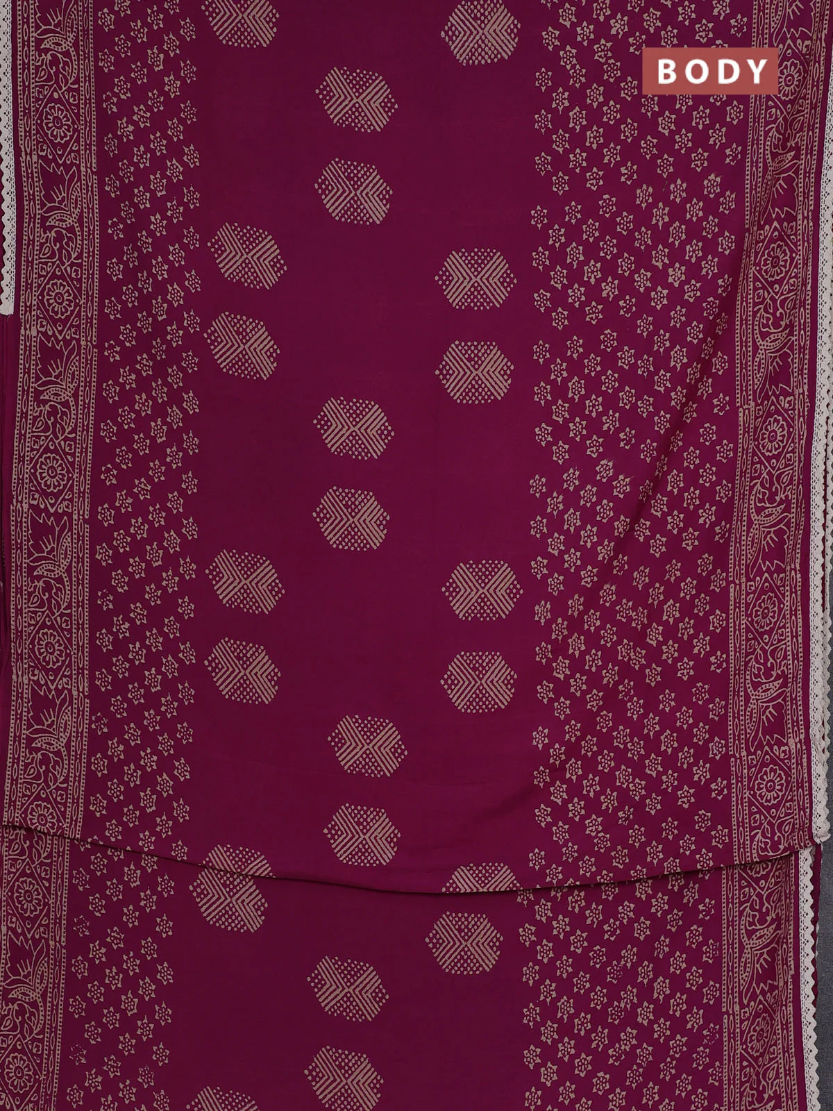 Semi pashmina silk saree magenta pink and cream with butta prints and crocia lace work border - Image 2