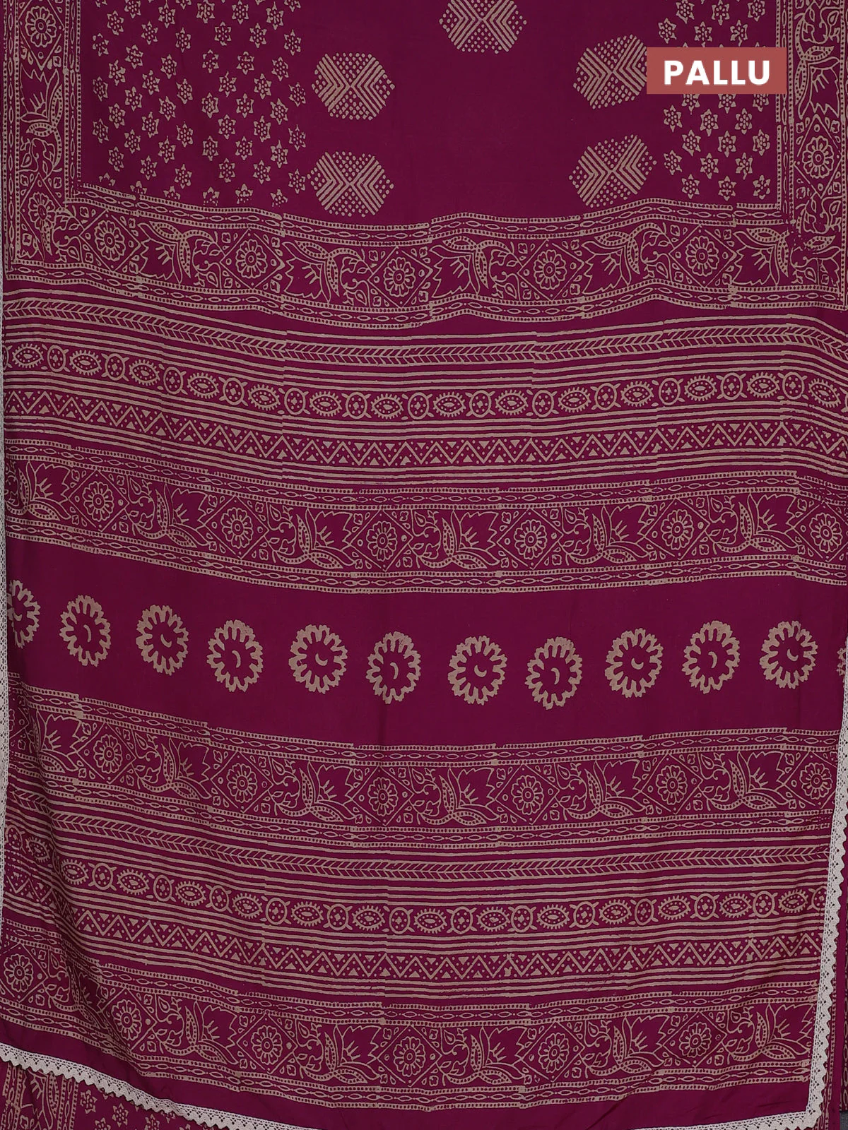 Semi pashmina silk saree magenta pink and cream with butta prints and crocia lace work border - Image 3