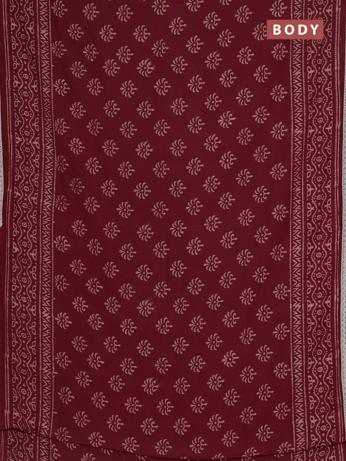 Semi pashmina silk saree maroon and cream with allover butta prints and crocia lace work border - Image 2