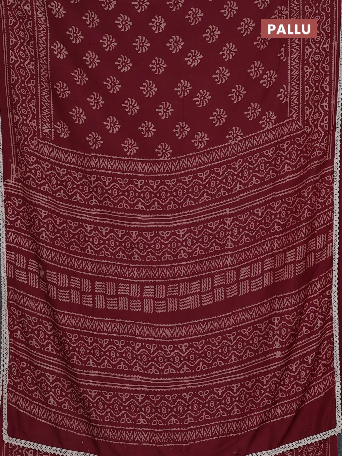 Semi pashmina silk saree maroon and cream with allover butta prints and crocia lace work border - Image 3