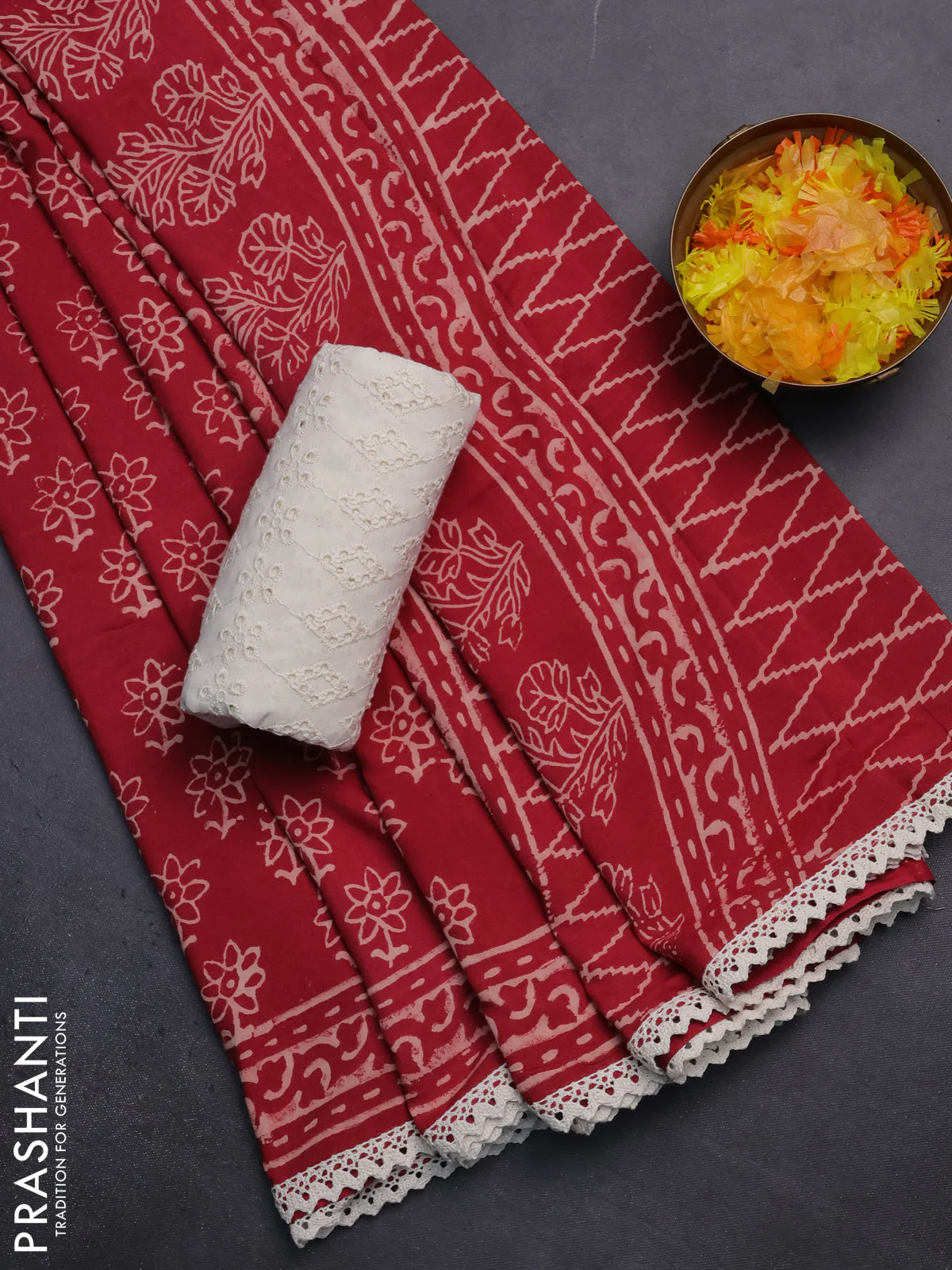 Semi pashmina silk saree maroon and cream with allover floral butta prints and crocia lace work border