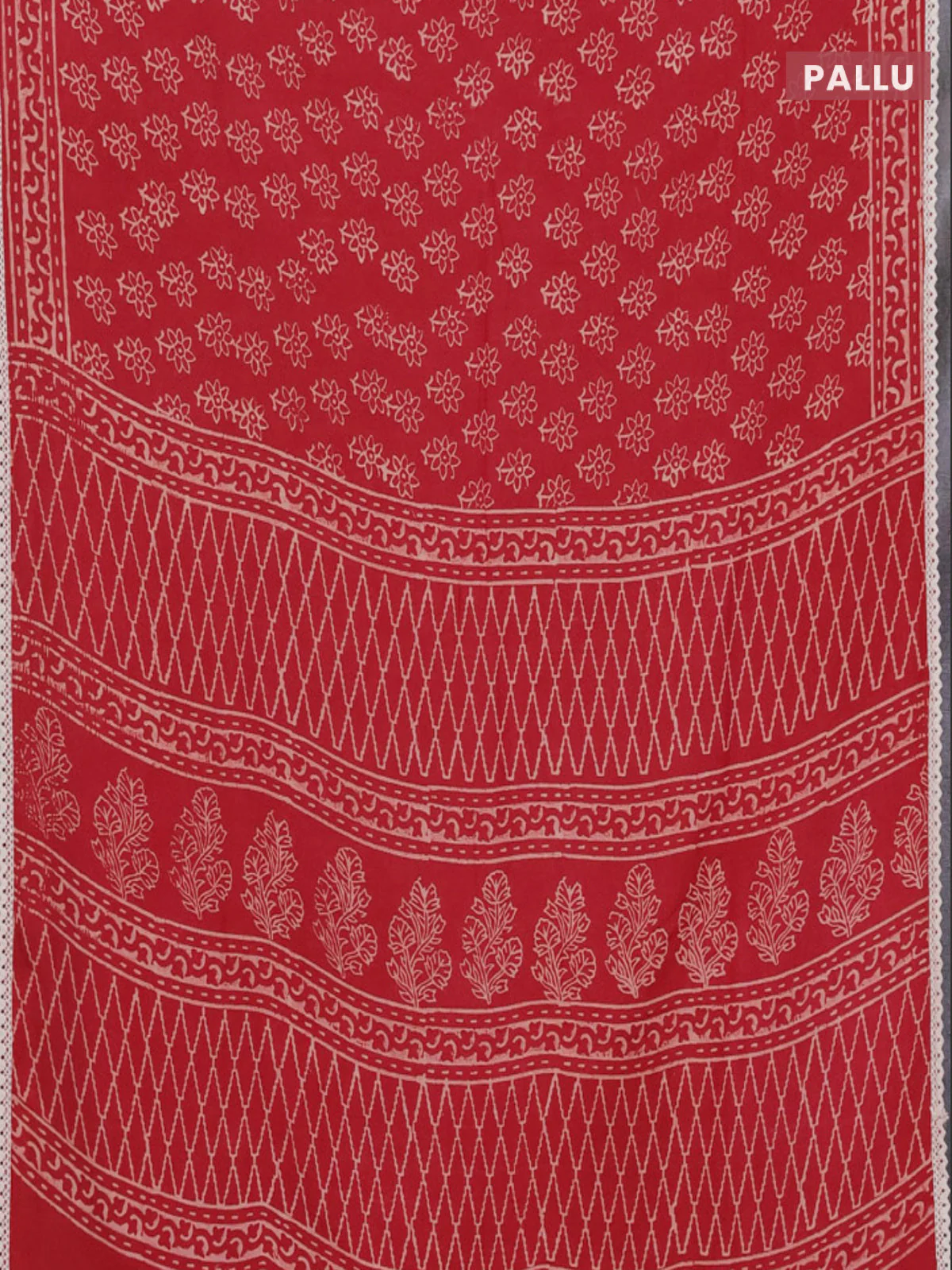 Semi pashmina silk saree maroon and cream with allover floral butta prints and crocia lace work border - Image 3