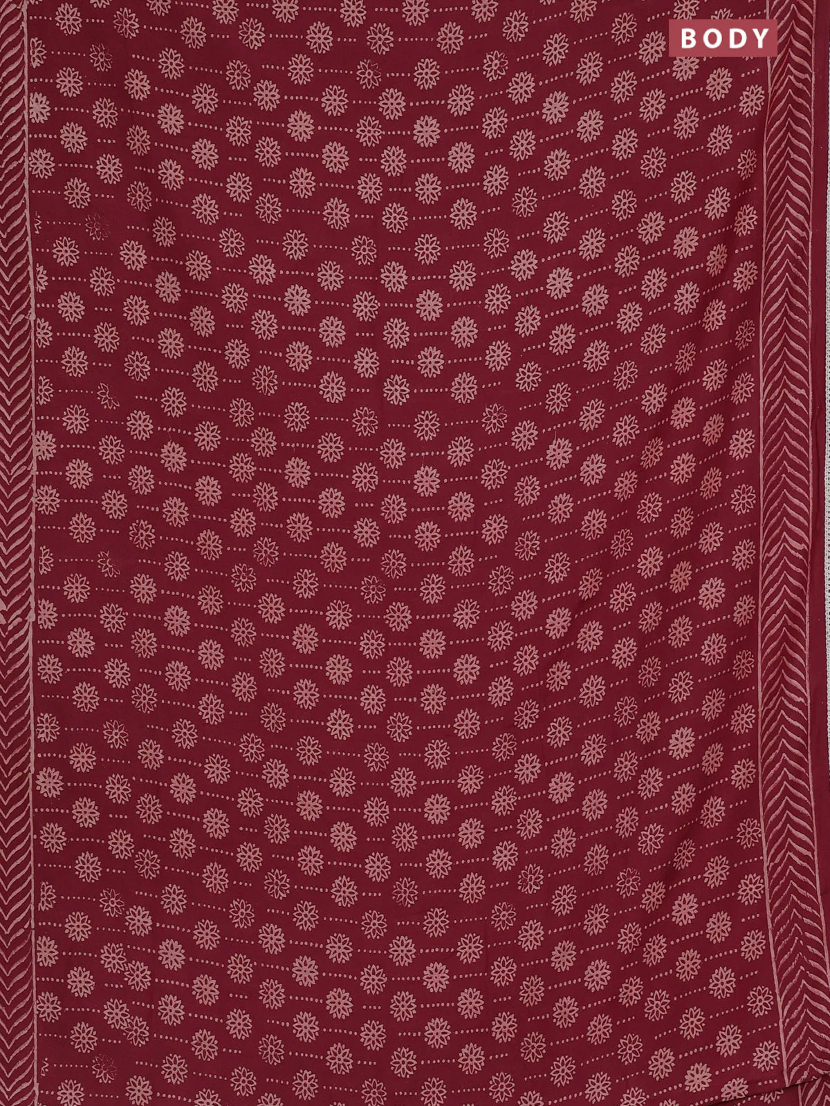Semi pashmina silk saree maroon and cream with allover prints and crocia lace work border - Image 2