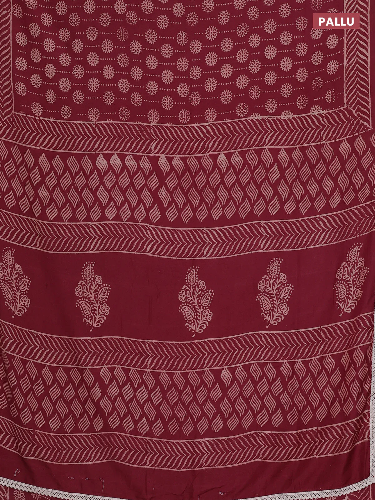 Semi pashmina silk saree maroon and cream with allover prints and crocia lace work border - Image 3
