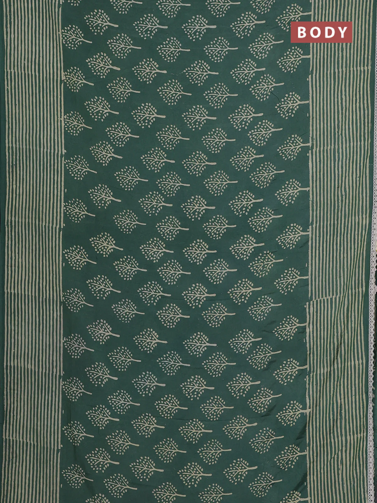 Semi pashmina silk saree pastel green and cream with allover tree butta prints and crocia lace work border - Image 2