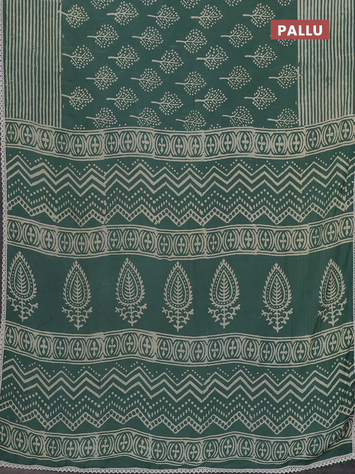 Semi pashmina silk saree pastel green and cream with allover tree butta prints and crocia lace work border - Image 3