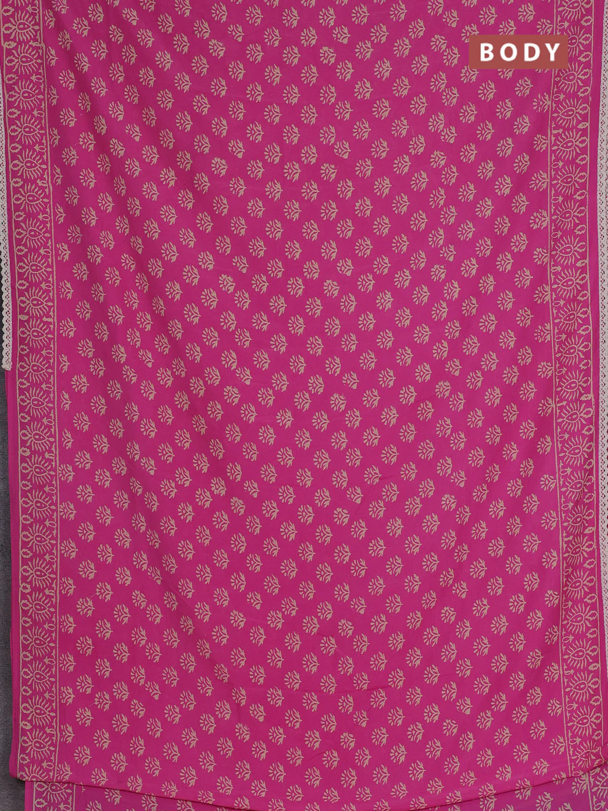 Semi pashmina silk saree pink and cream with allover butta prints and crocia lace work border - Image 2