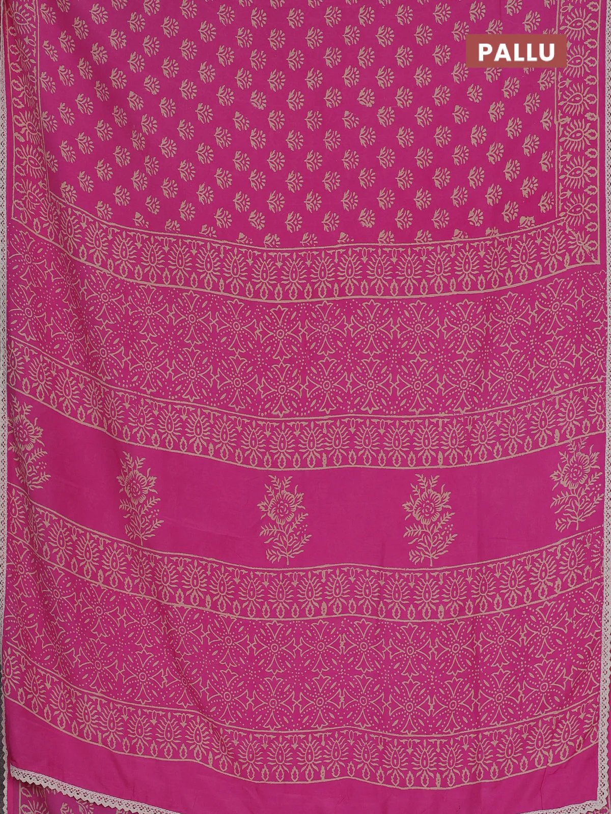 Semi pashmina silk saree pink and cream with allover butta prints and crocia lace work border - Image 3