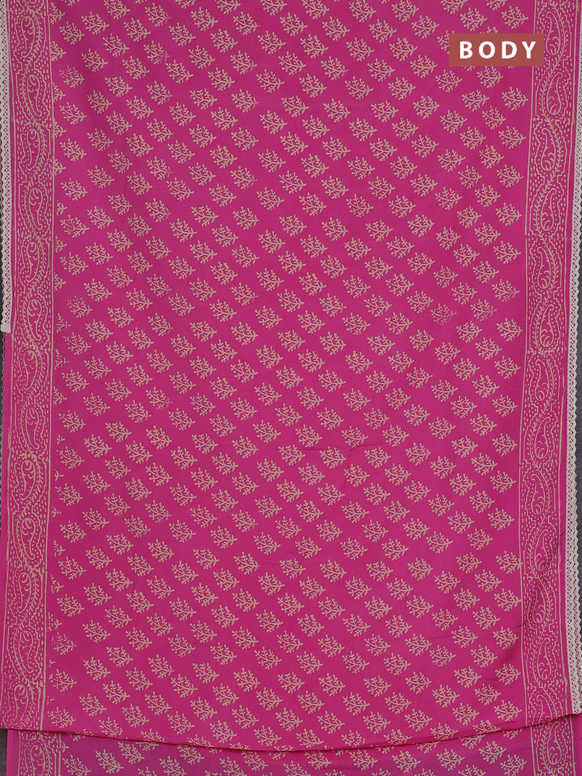 Semi pashmina silk saree pink and cream with allover butta prints and crocia lace work border - Image 2