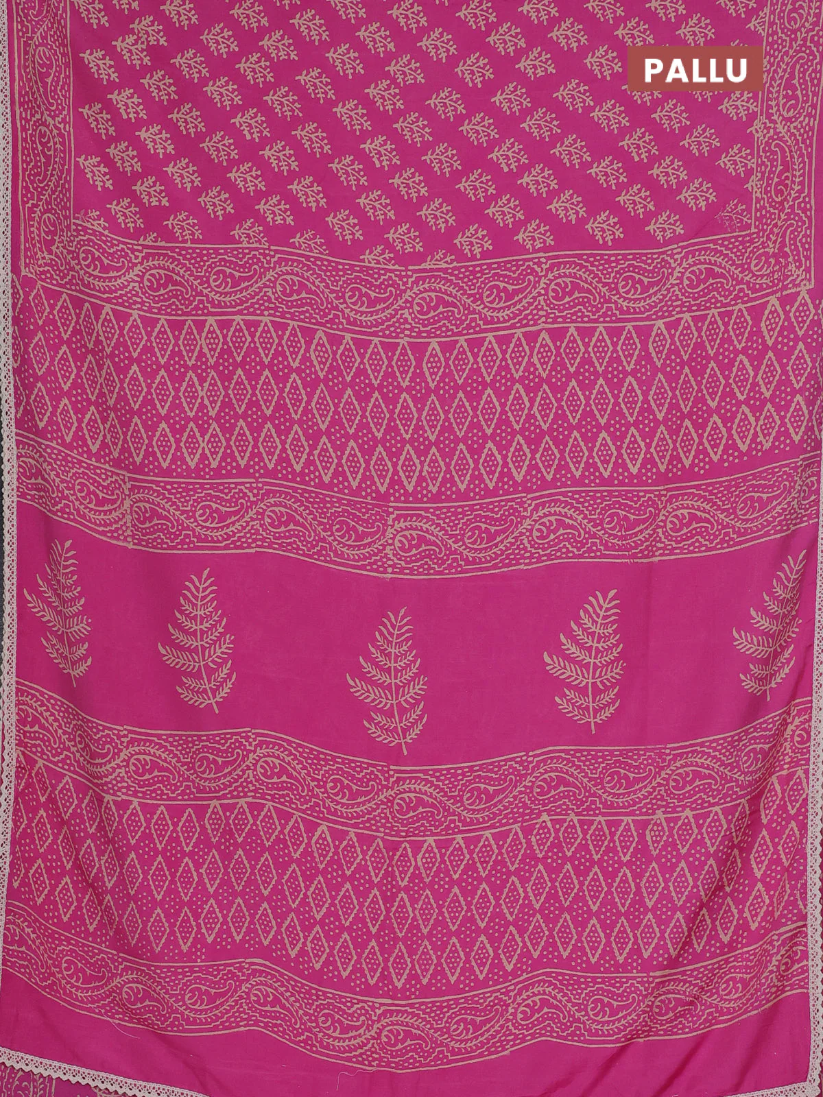Semi pashmina silk saree pink and cream with allover butta prints and crocia lace work border - Image 3