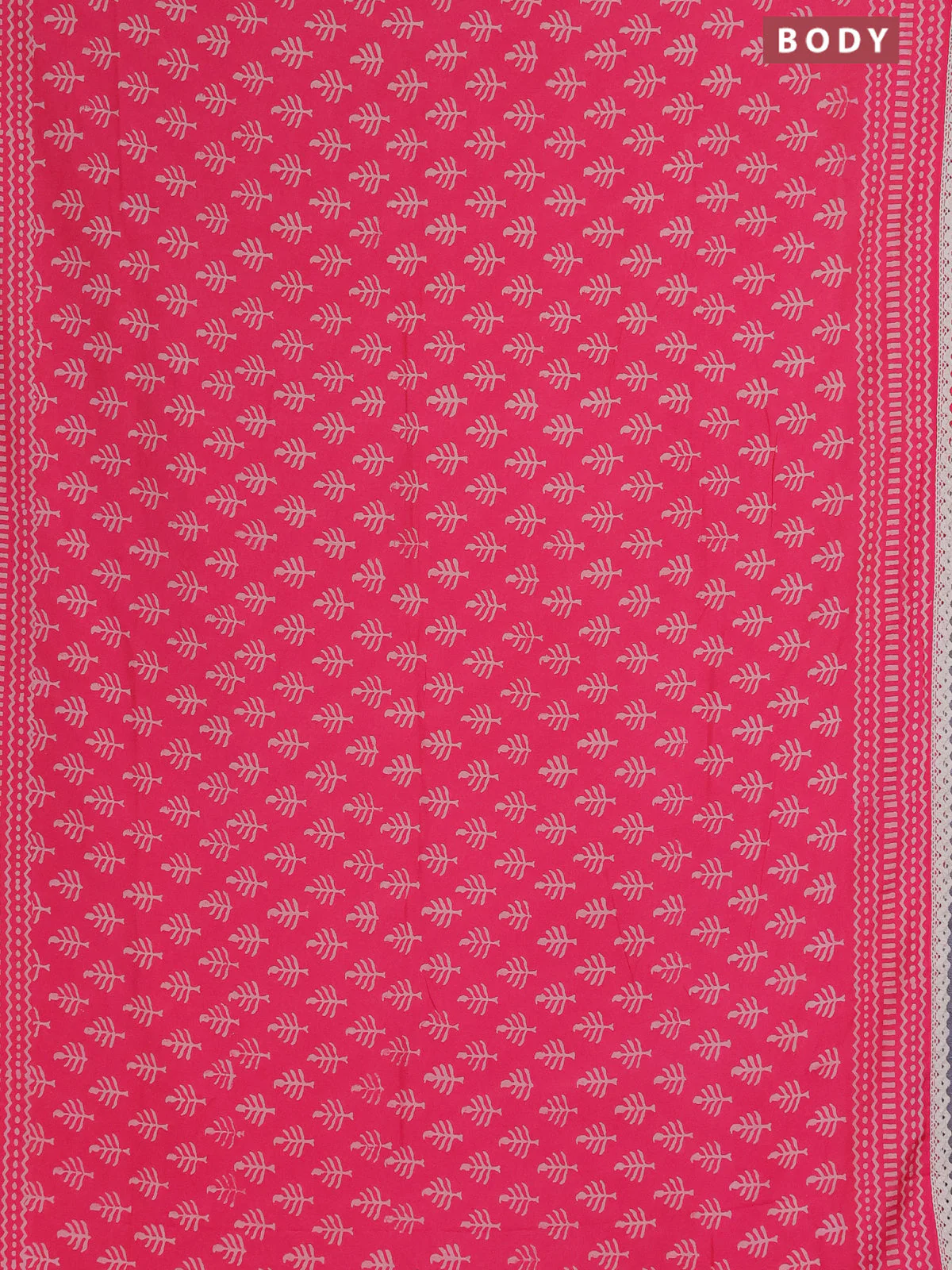 Semi pashmina silk saree pink and cream with allover butta prints and crocia lace work border - Image 2