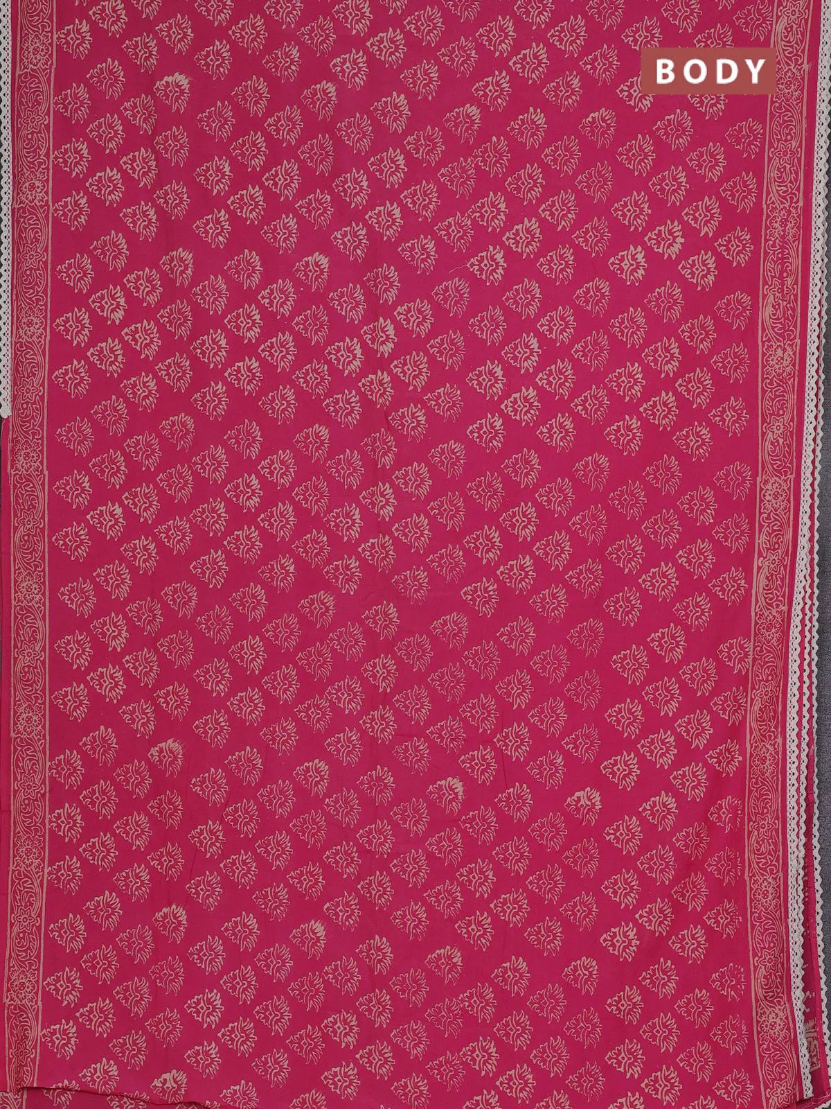 Semi pashmina silk saree pink and cream with allover butta prints and crocia lace work border - Image 2