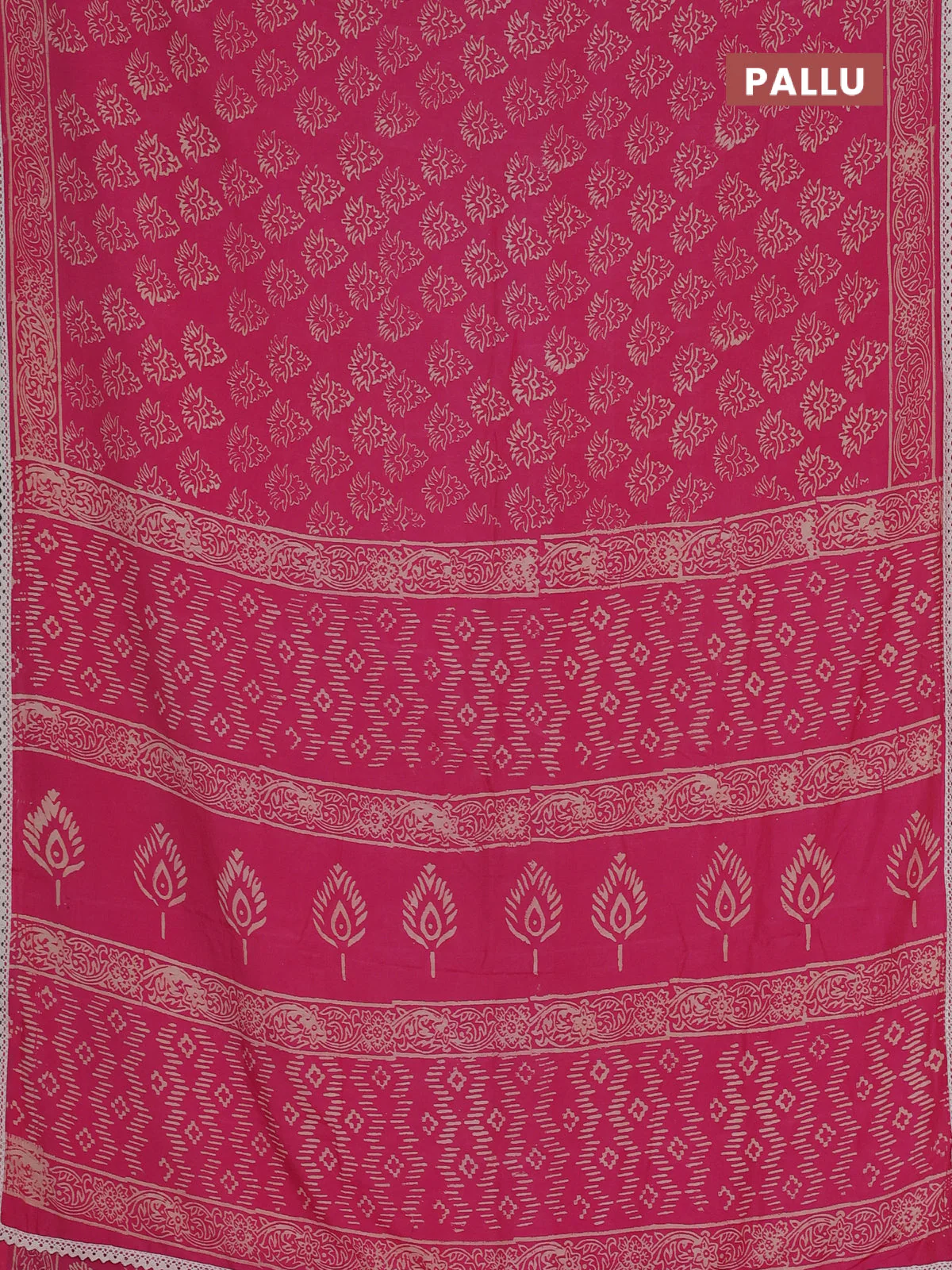 Semi pashmina silk saree pink and cream with allover butta prints and crocia lace work border - Image 3