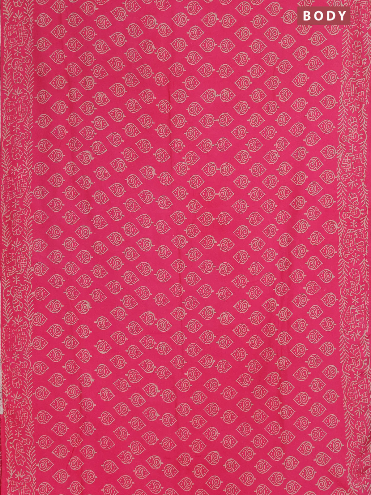 Semi pashmina silk saree pink and cream with allover butta prints and crocia lace work border - Image 2