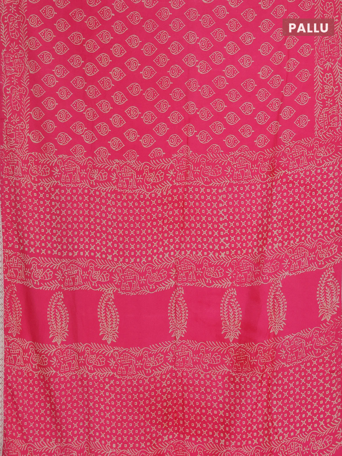 Semi pashmina silk saree pink and cream with allover butta prints and crocia lace work border - Image 3