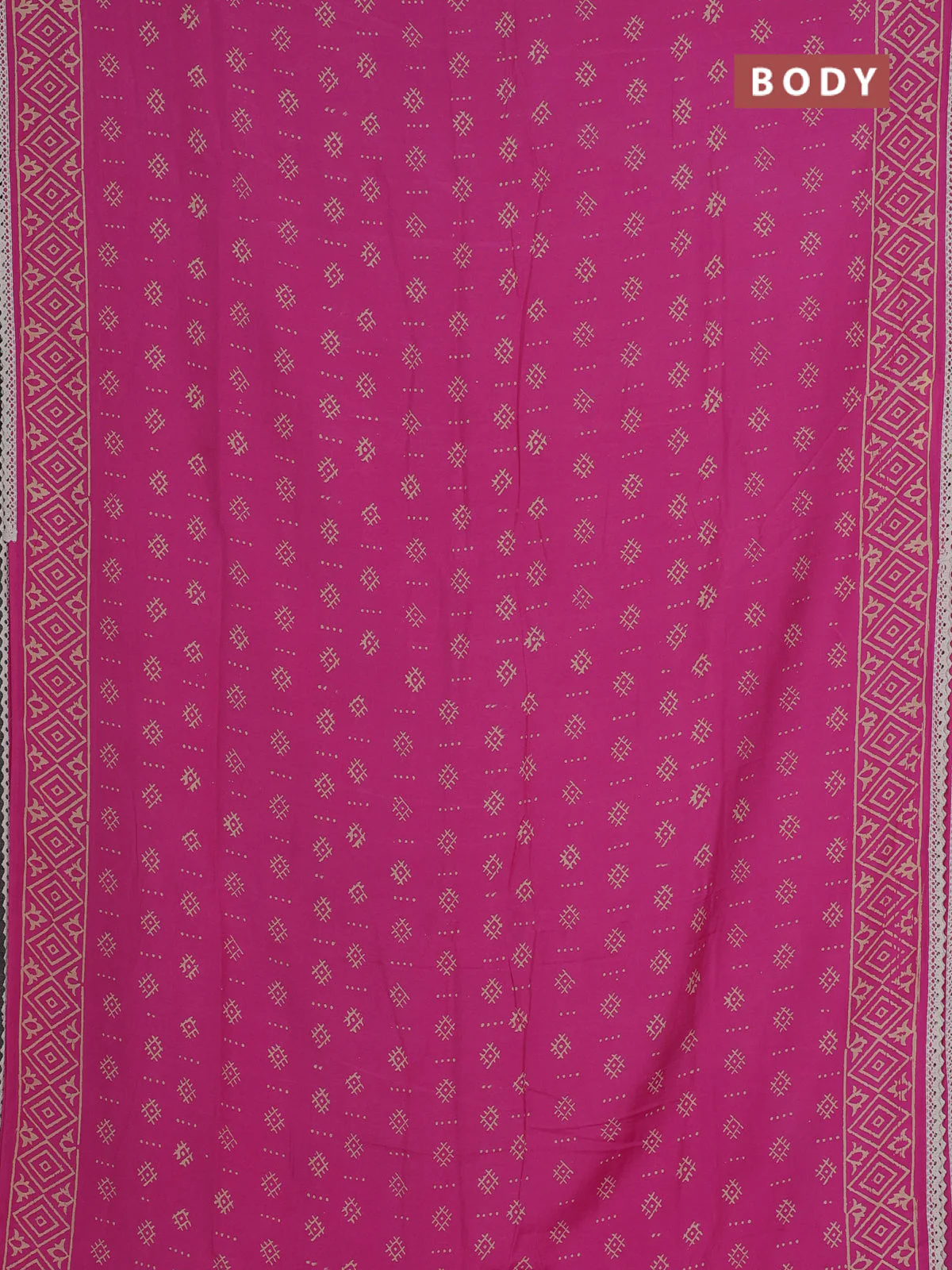 Semi pashmina silk saree pink and cream with allover butta prints and crocia lace work border - Image 2