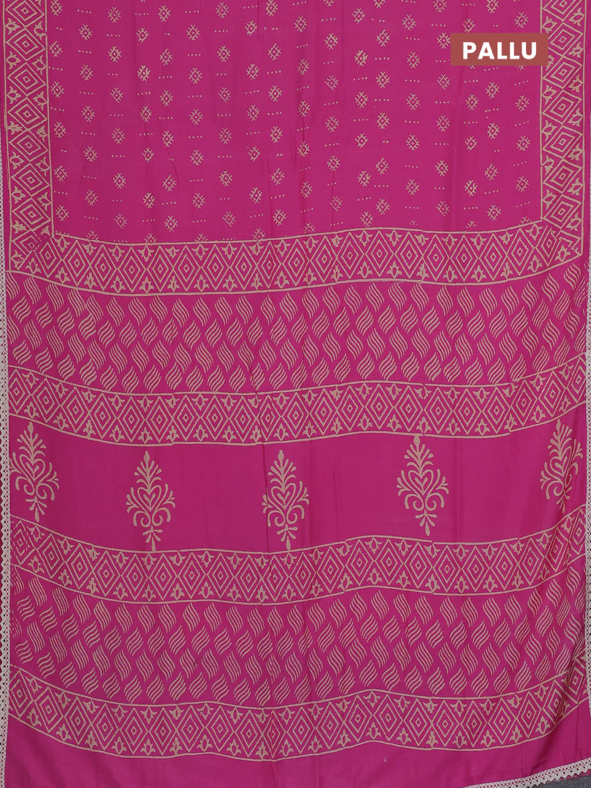Semi pashmina silk saree pink and cream with allover butta prints and crocia lace work border - Image 3