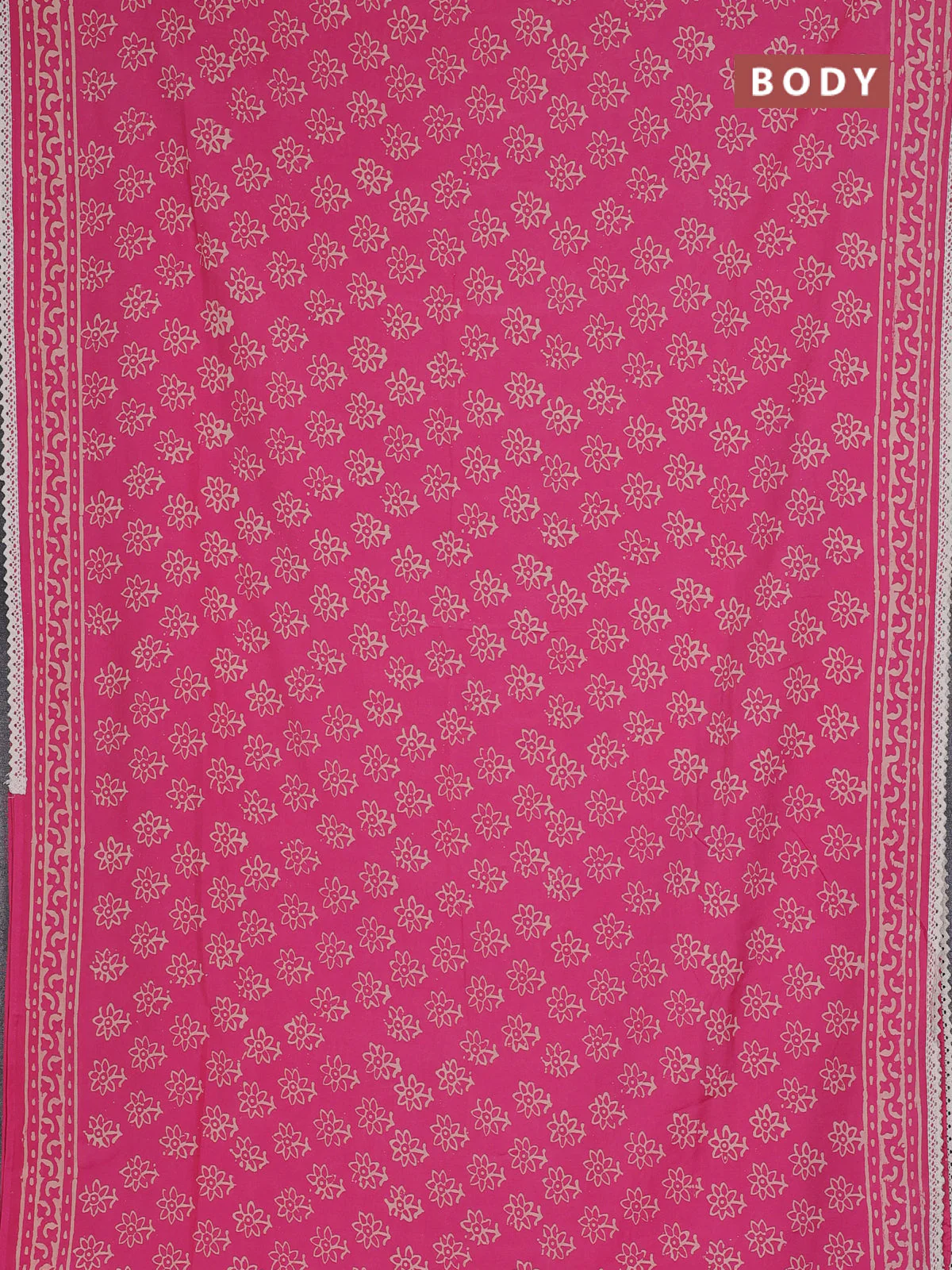 Semi pashmina silk saree pink and cream with allover floral butta prints and crocia lace work border - Image 2