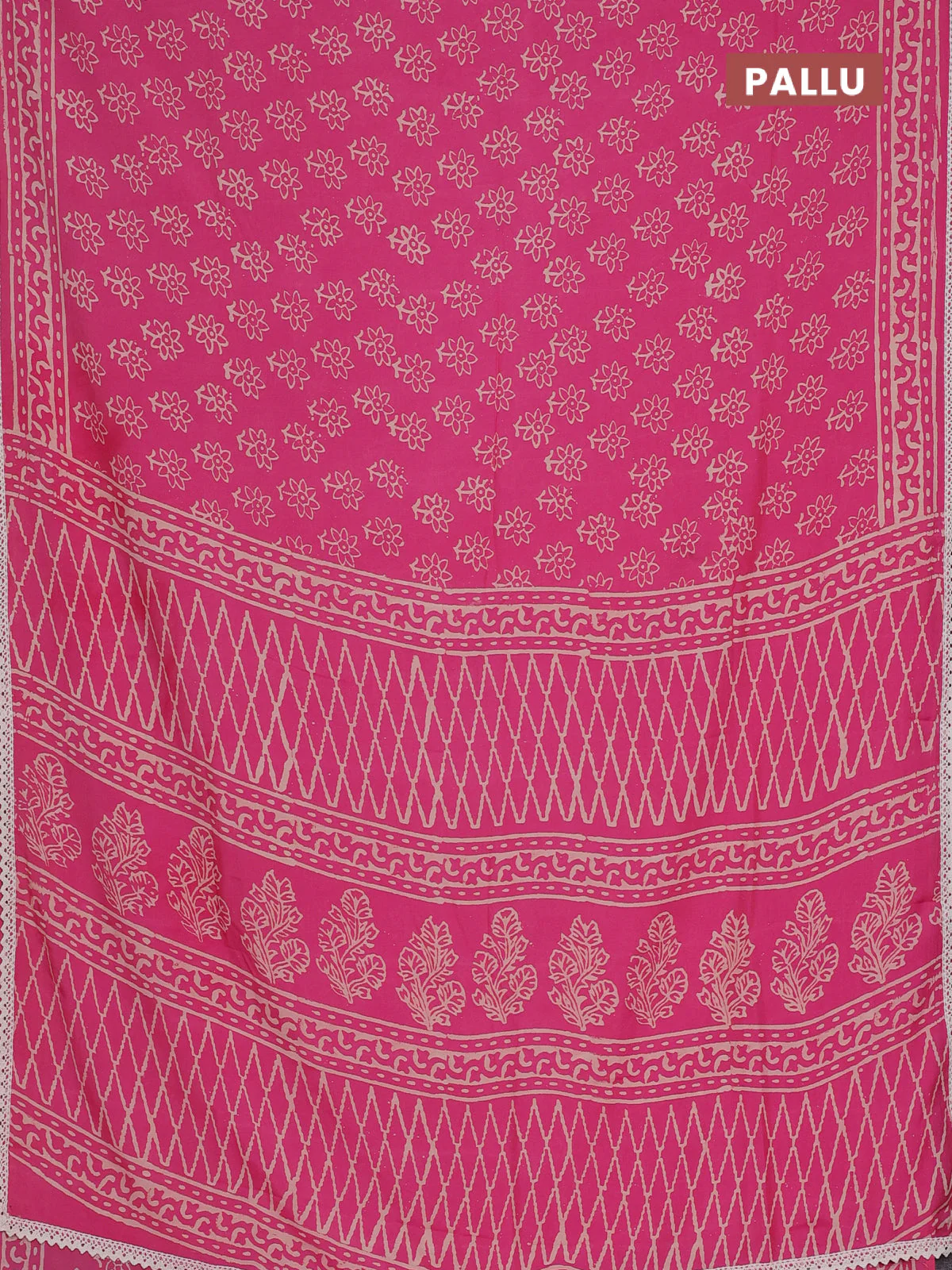 Semi pashmina silk saree pink and cream with allover floral butta prints and crocia lace work border - Image 3