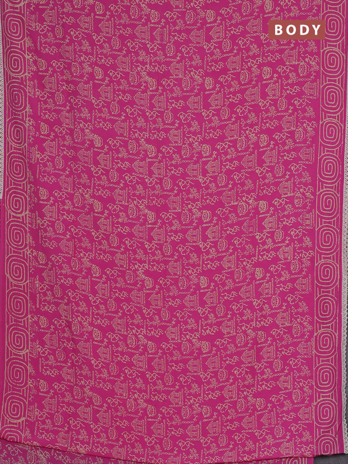 Semi pashmina silk saree pink and cream with allover warli prints and crocia lace work border - Image 2