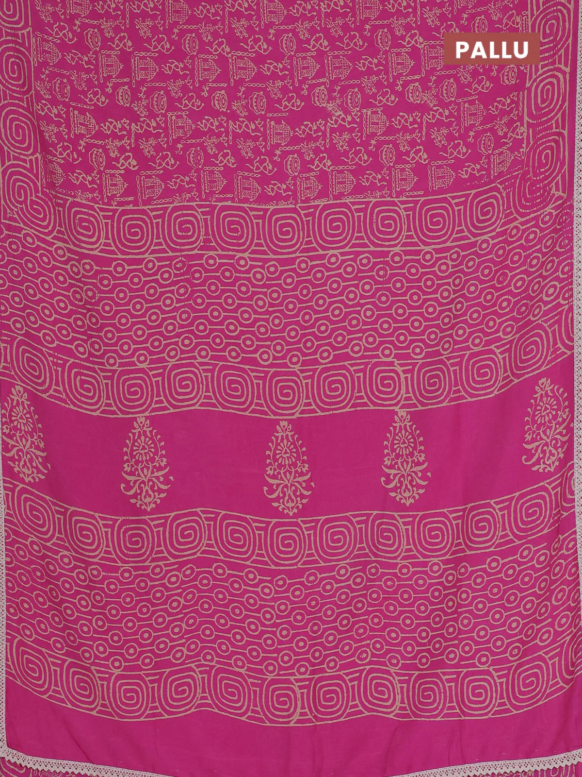 Semi pashmina silk saree pink and cream with allover warli prints and crocia lace work border - Image 3