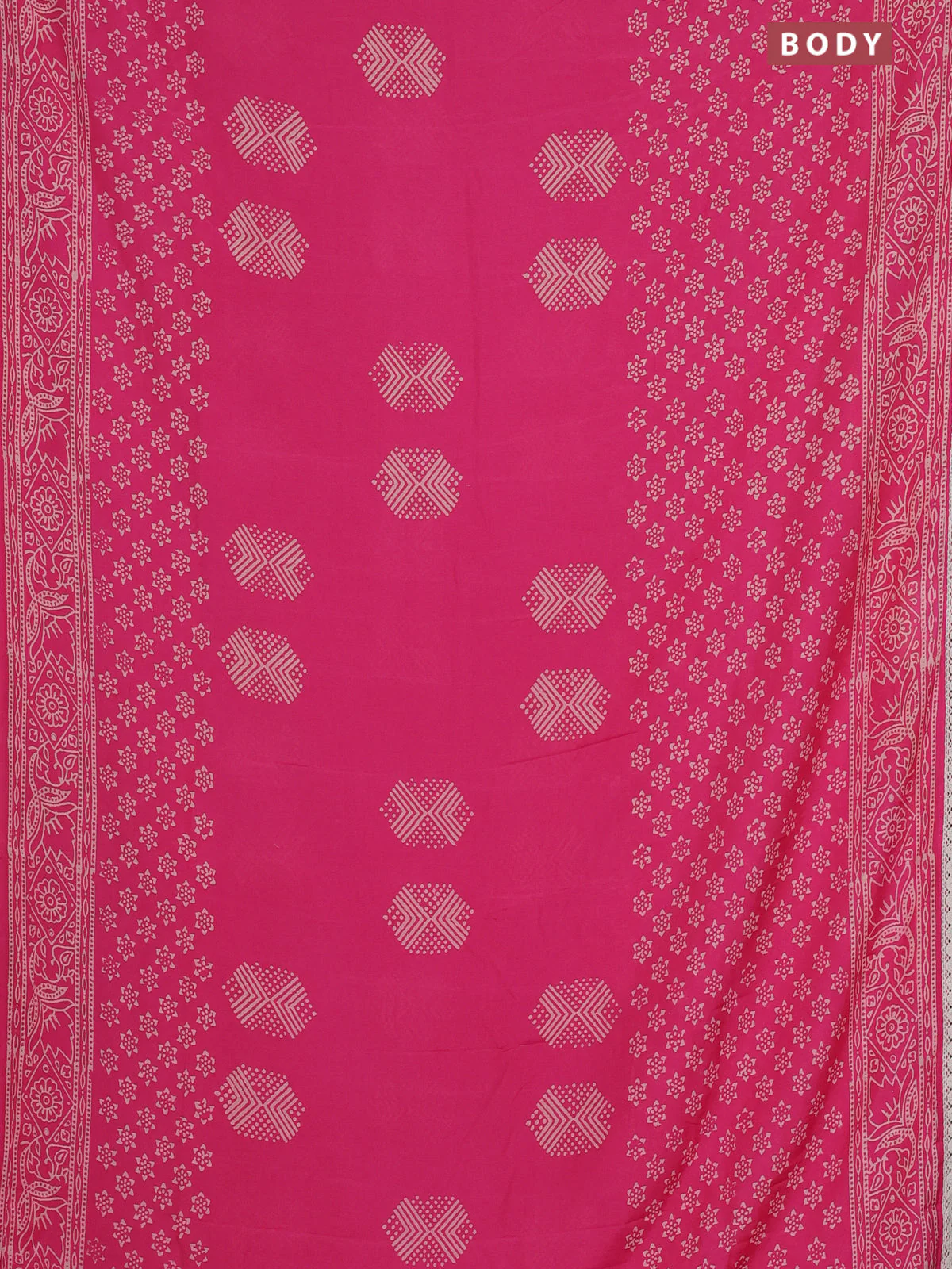 Semi pashmina silk saree pink and cream with butta prints and crocia lace work border - Image 2