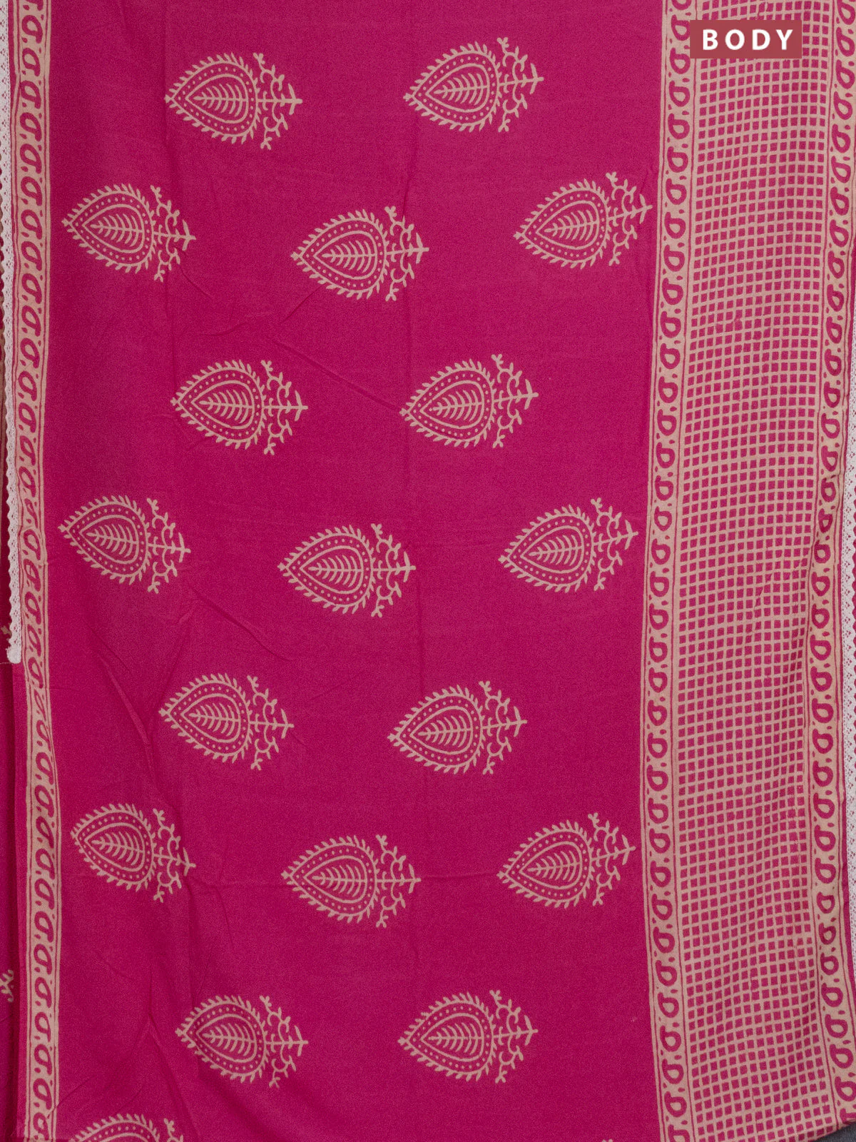 Semi pashmina silk saree pink and cream with butta prints and long printed crocia lace work border - Image 2