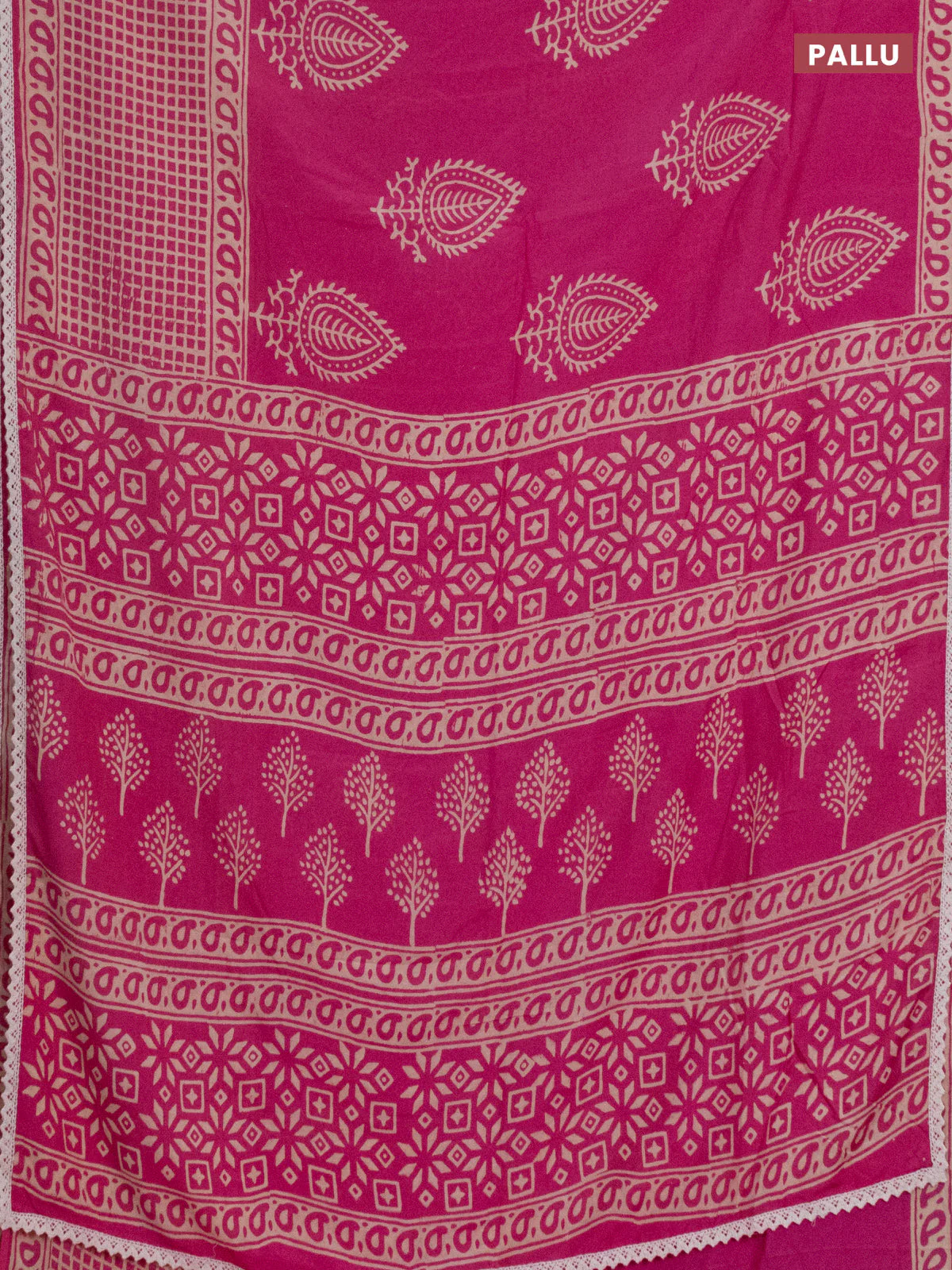 Semi pashmina silk saree pink and cream with butta prints and long printed crocia lace work border - Image 3