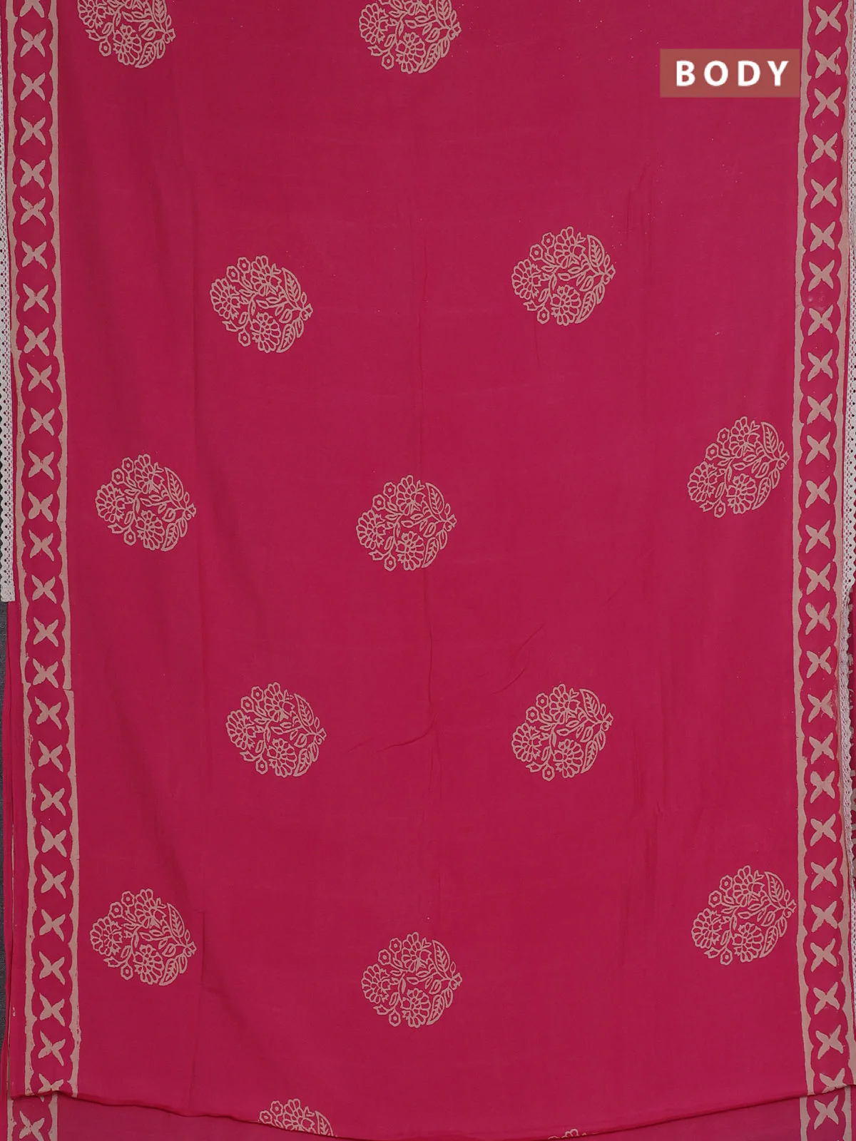 Semi pashmina silk saree pink and cream with floral butta prints and crocia lace work border - Image 2