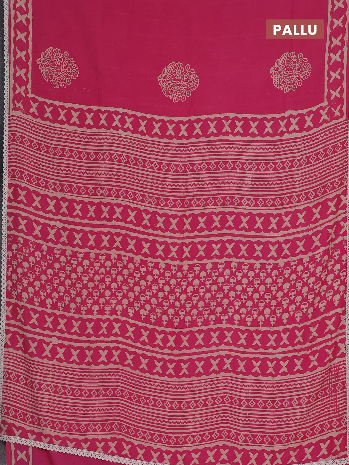 Semi pashmina silk saree pink and cream with floral butta prints and crocia lace work border - Image 3