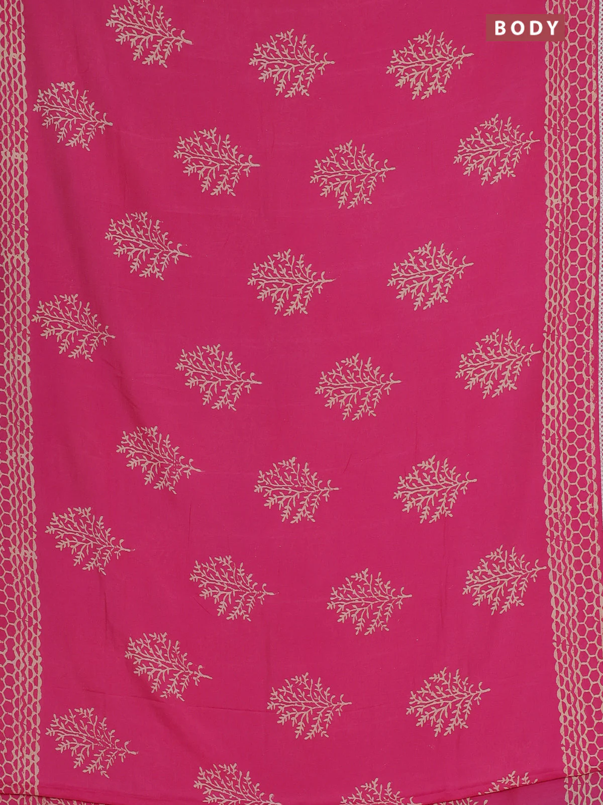Semi pashmina silk saree pink and cream with tree butta prints and crocia lace work border - Image 2