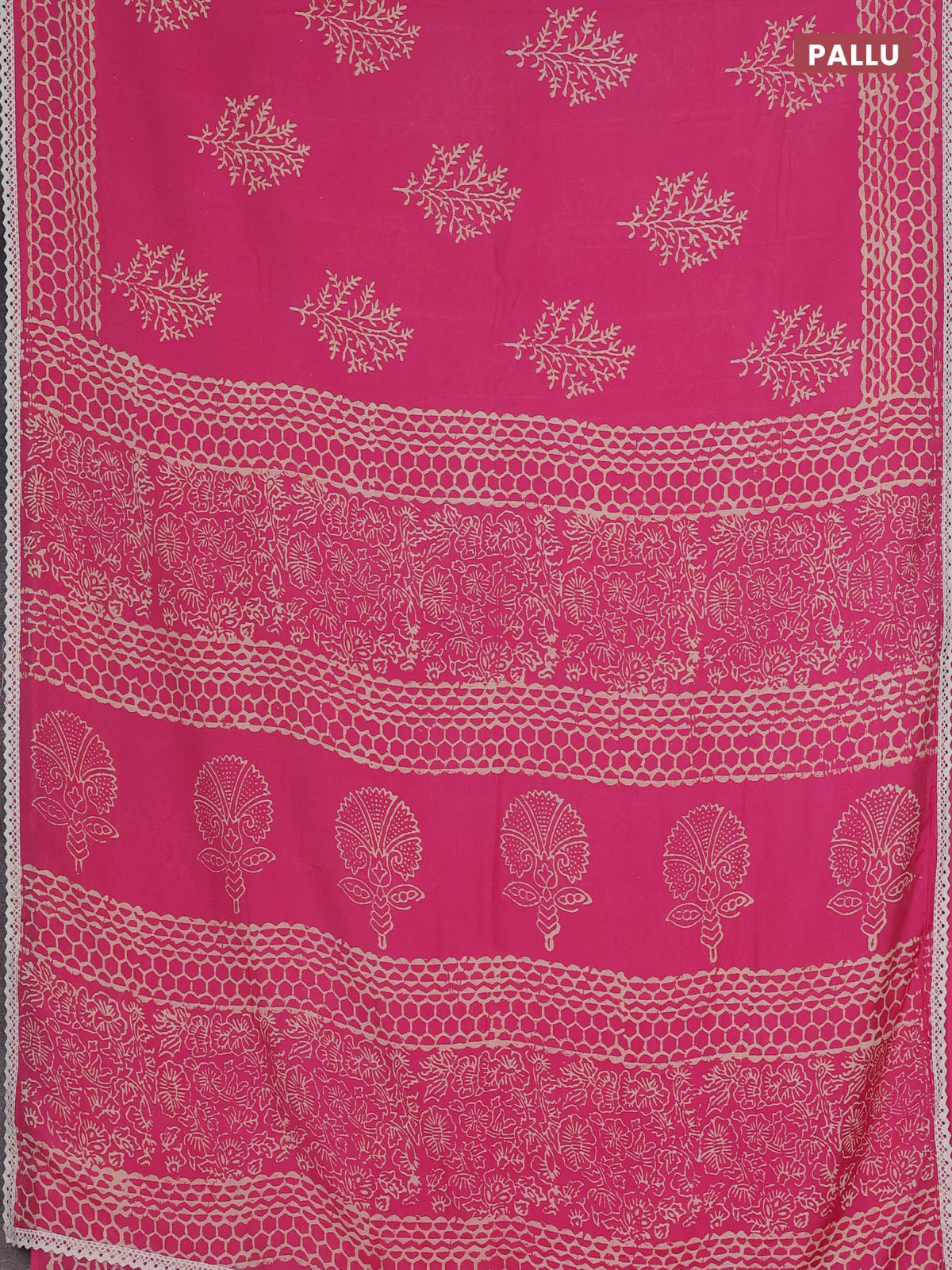 Semi pashmina silk saree pink and cream with tree butta prints and crocia lace work border - Image 3