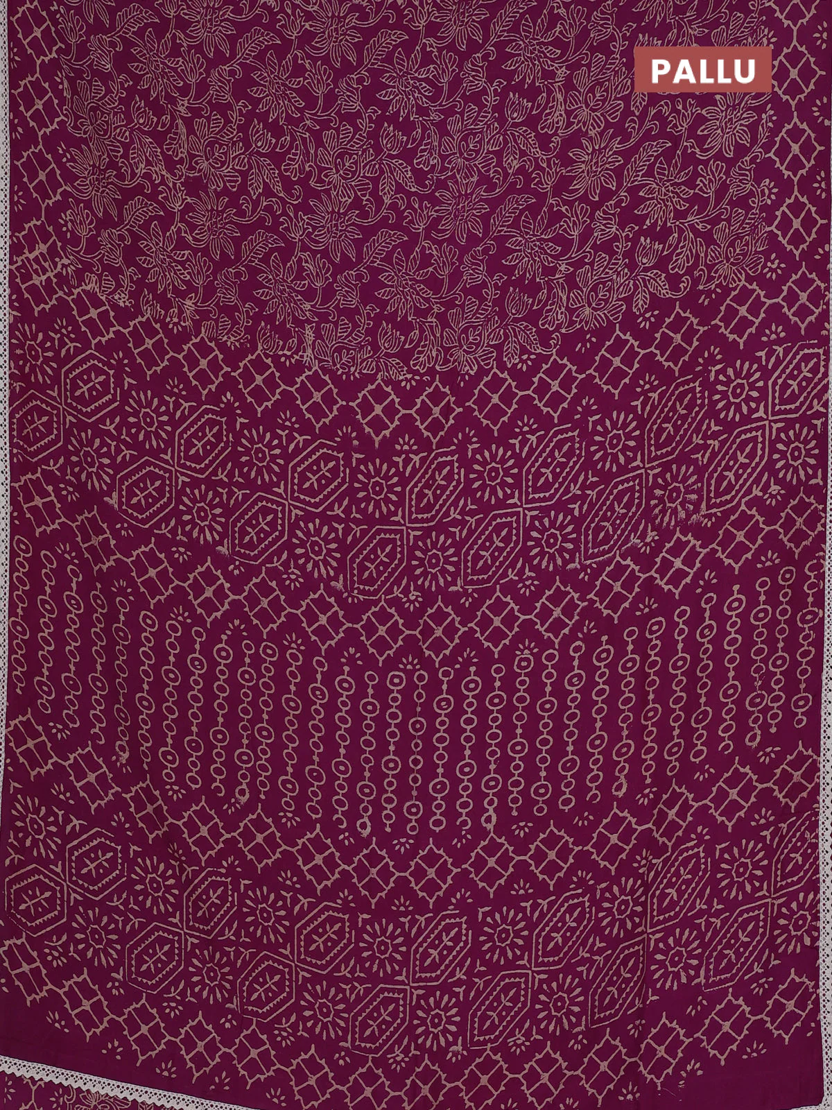Semi pashmina silk saree pueple and cream with allover prints and crocia lace work border - Image 3