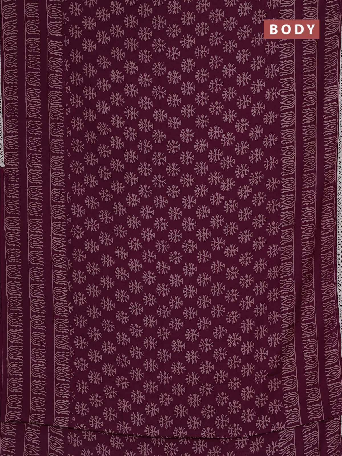 Semi pashmina silk saree purple and cream with allover butta prints and crocia lace work border - Image 2