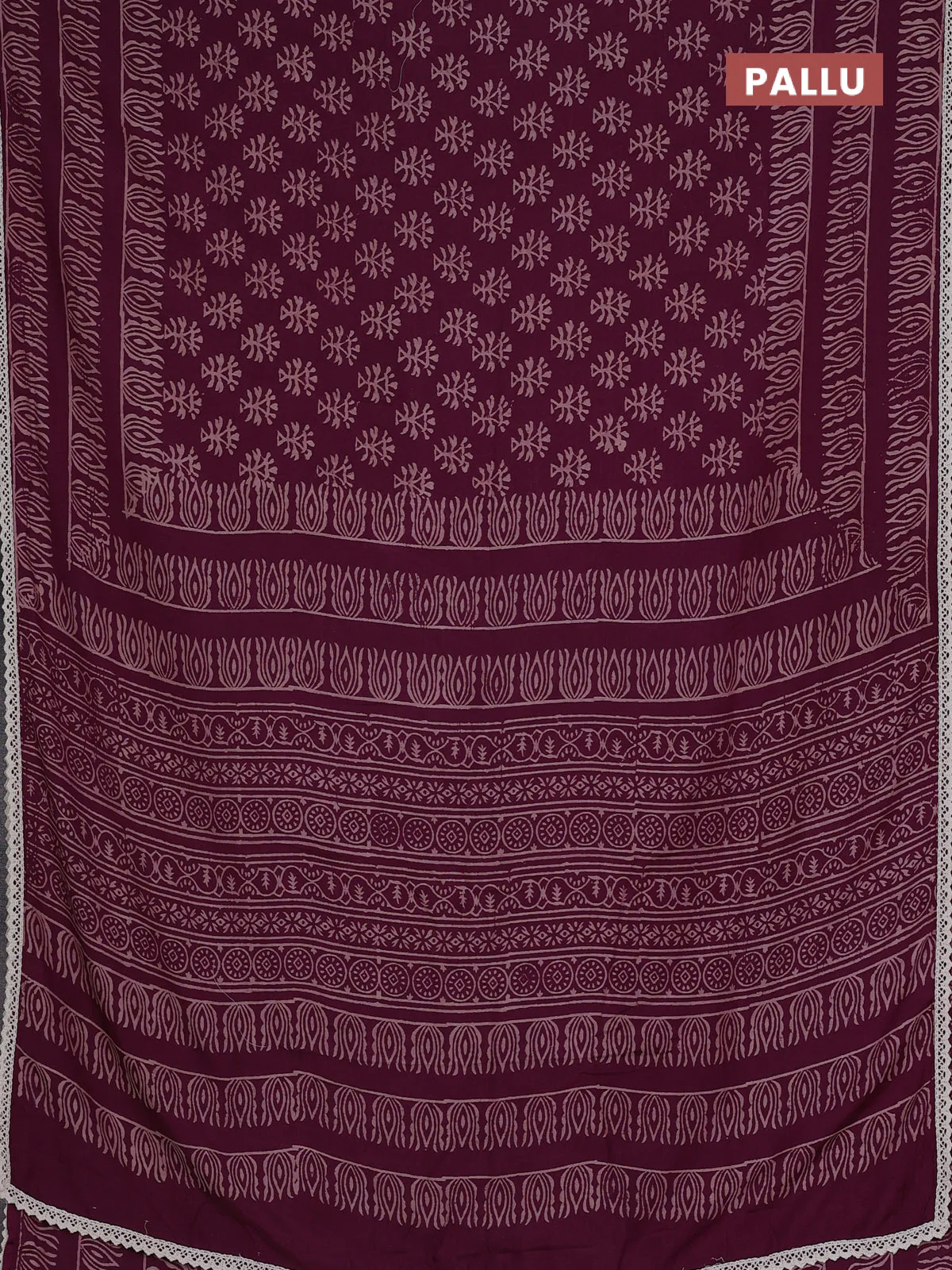 Semi pashmina silk saree purple and cream with allover butta prints and crocia lace work border - Image 3