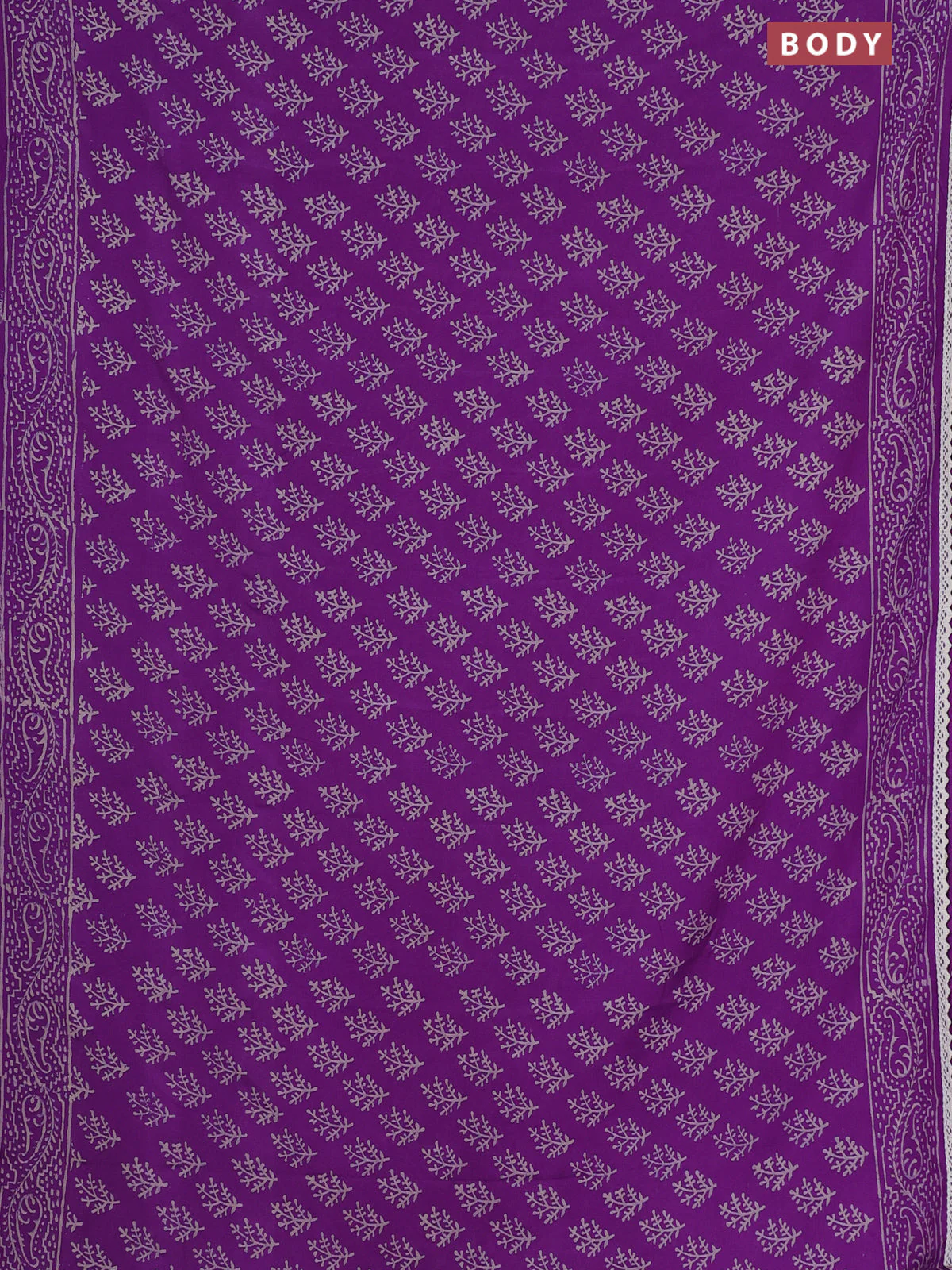 Semi pashmina silk saree purple and cream with allover butta prints and crocia lace work border - Image 2