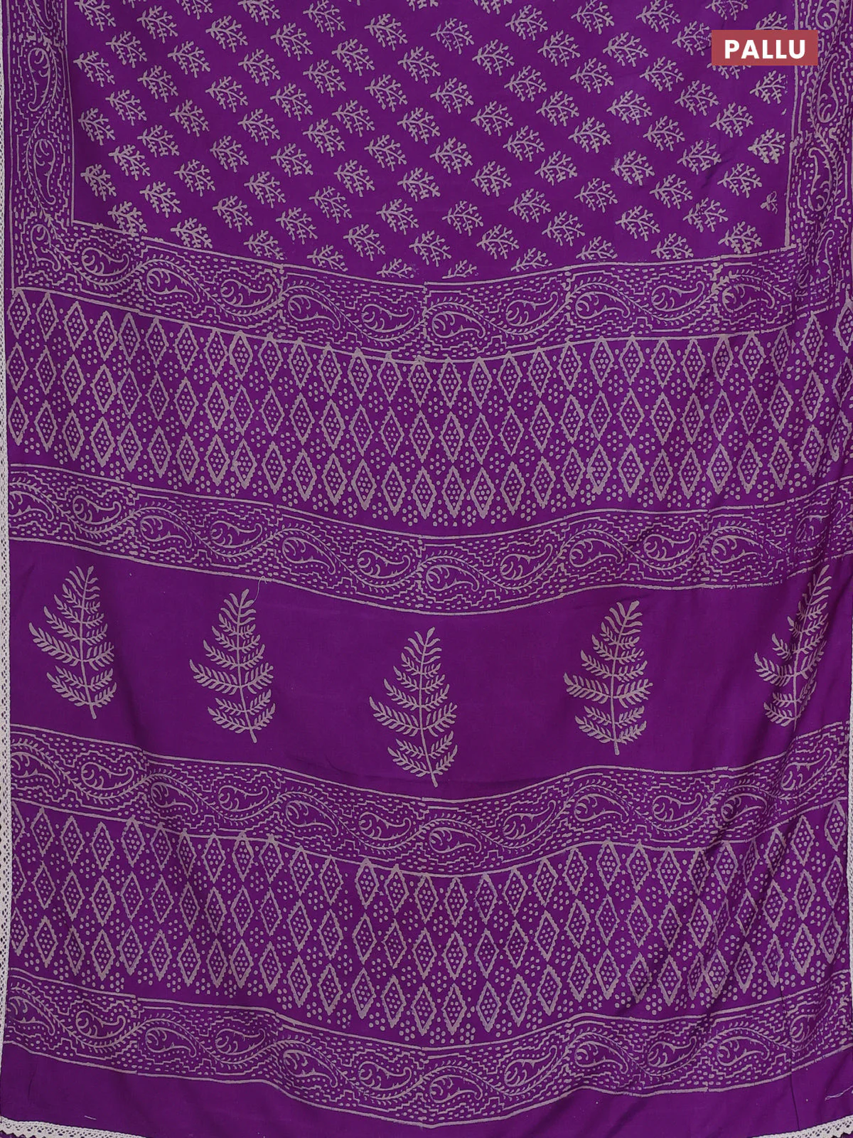 Semi pashmina silk saree purple and cream with allover butta prints and crocia lace work border - Image 3