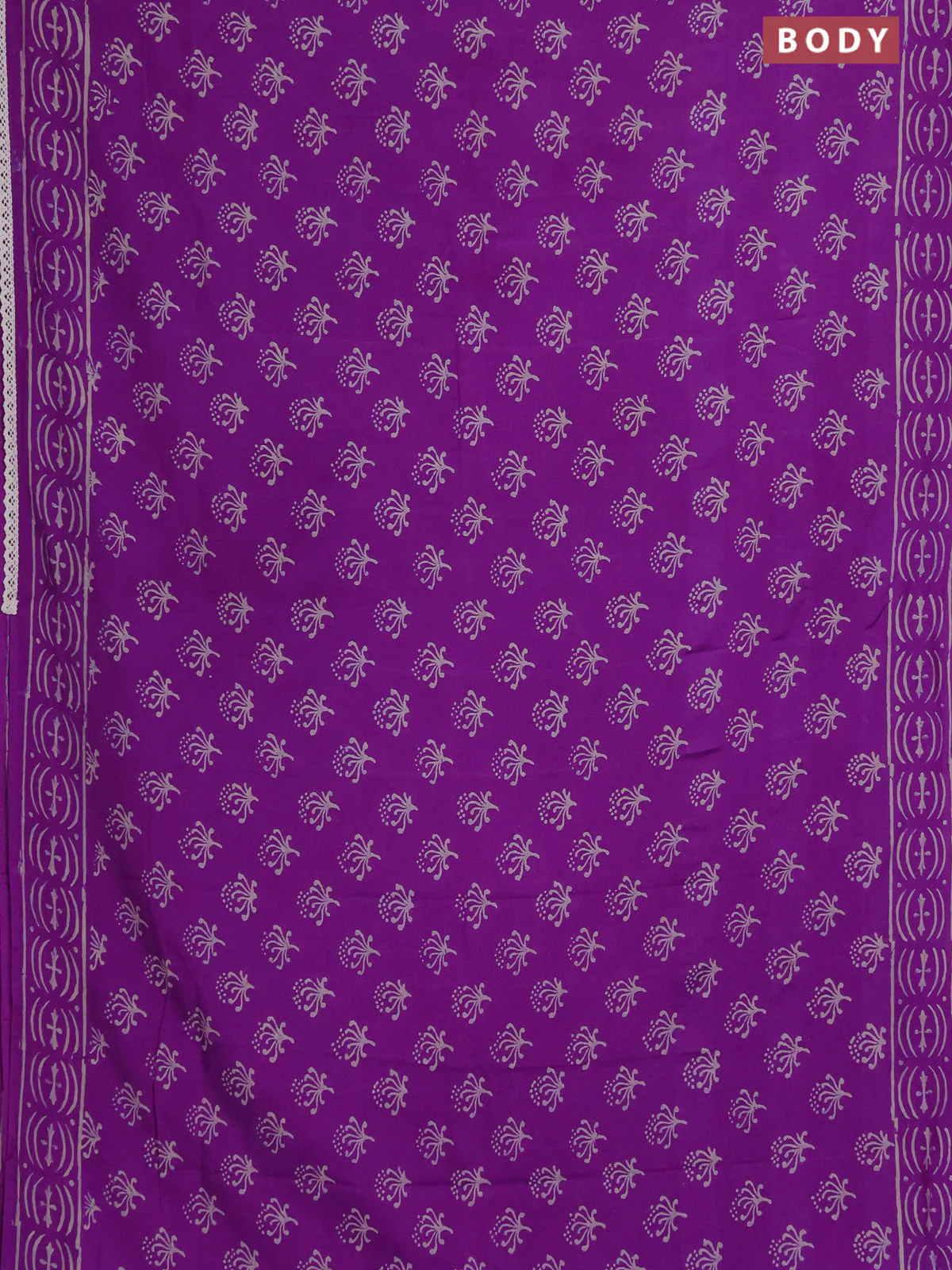 Semi pashmina silk saree purple and cream with allover butta prints and crocia lace work border - Image 2