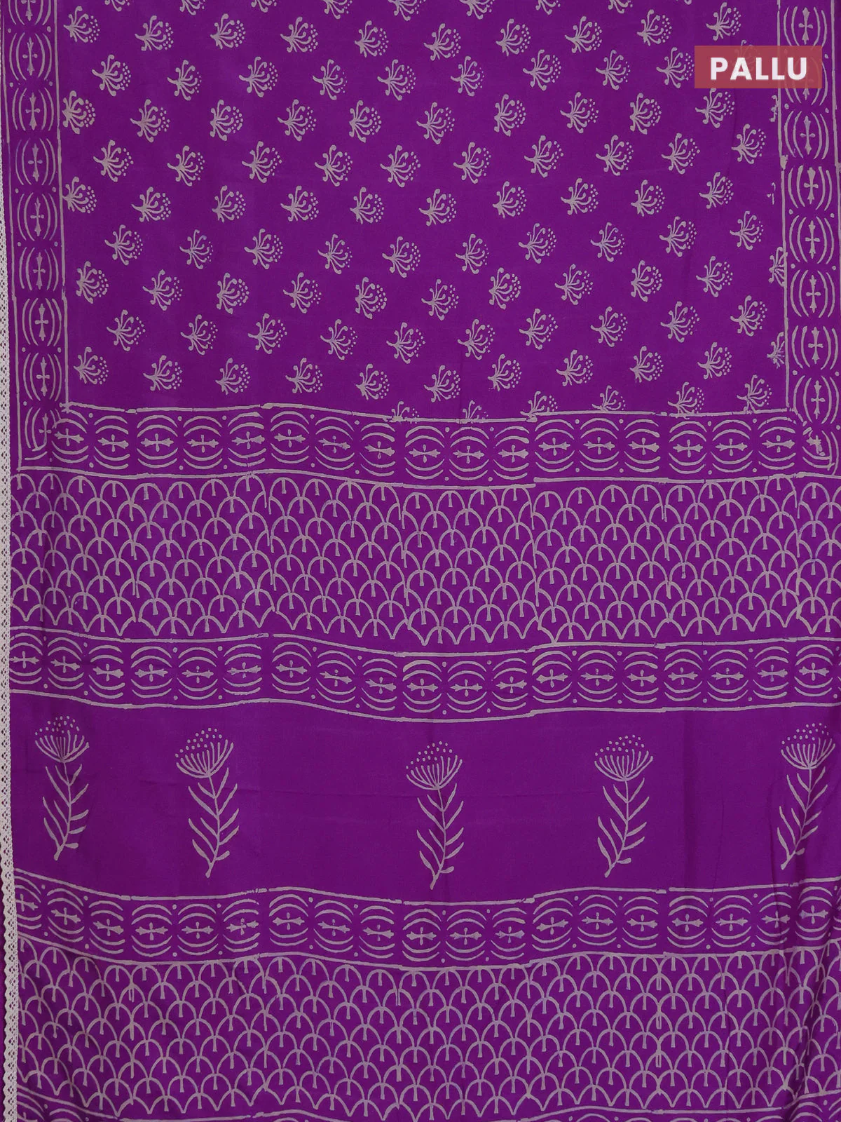Semi pashmina silk saree purple and cream with allover butta prints and crocia lace work border - Image 3