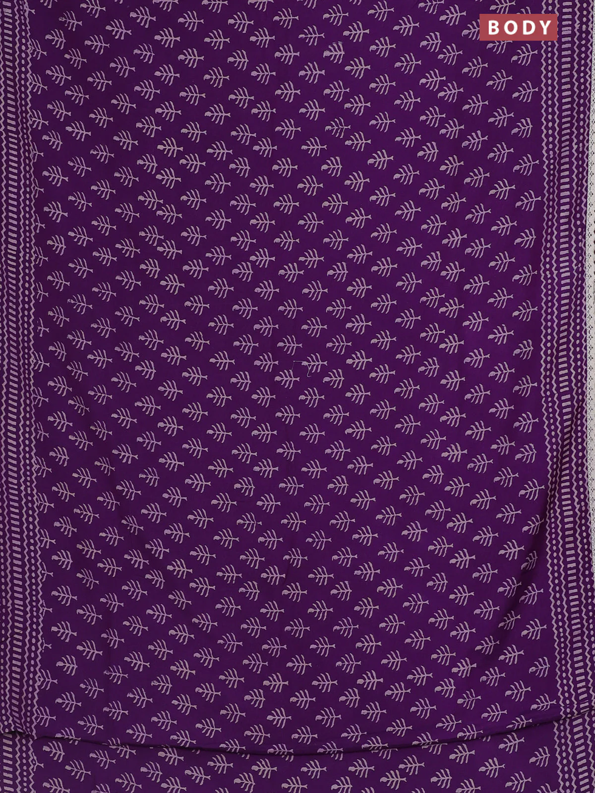 Semi pashmina silk saree purple and cream with allover butta prints and crocia lace work border - Image 2