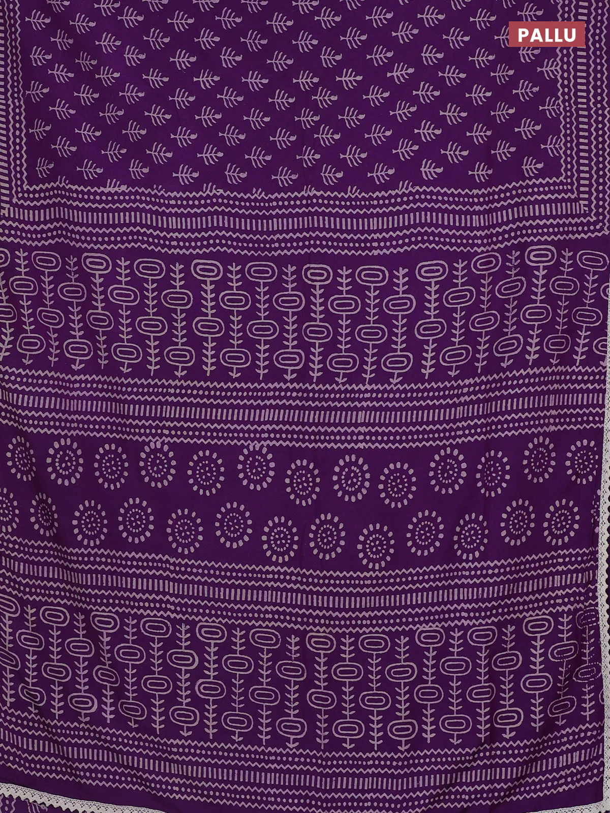 Semi pashmina silk saree purple and cream with allover butta prints and crocia lace work border - Image 3