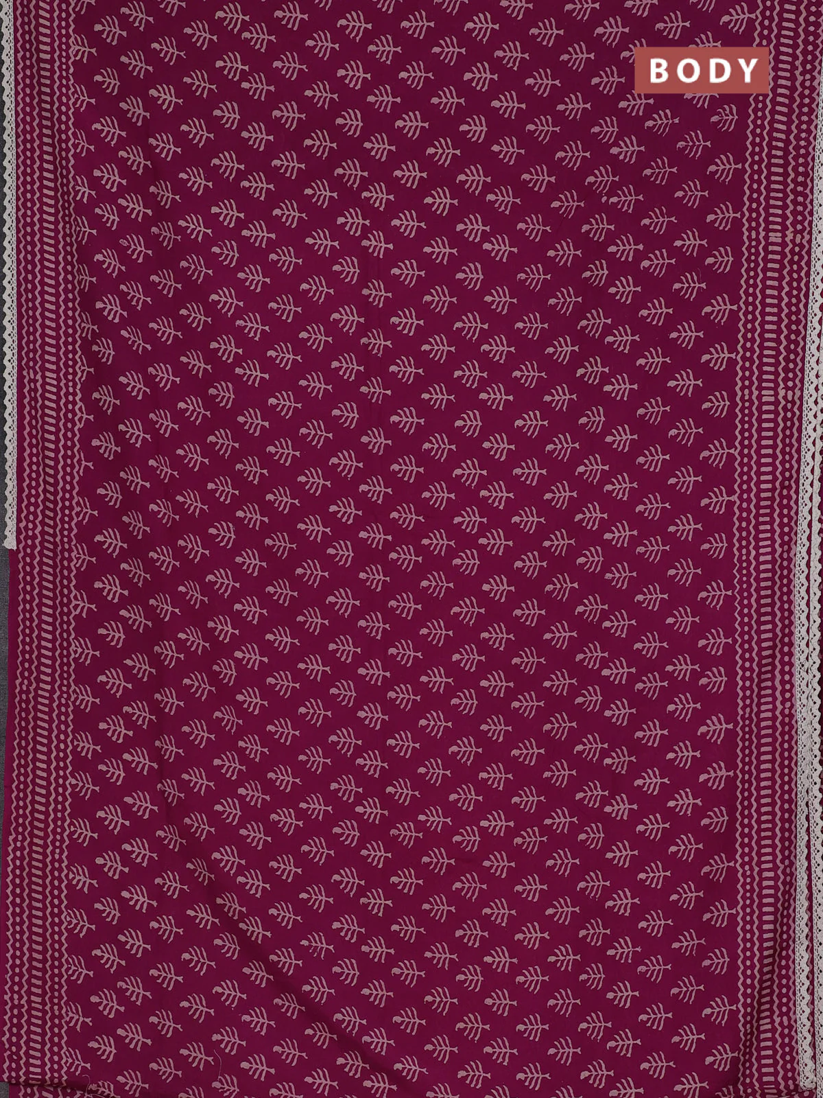 Semi pashmina silk saree purple and cream with allover butta prints and crocia lace work border - Image 2