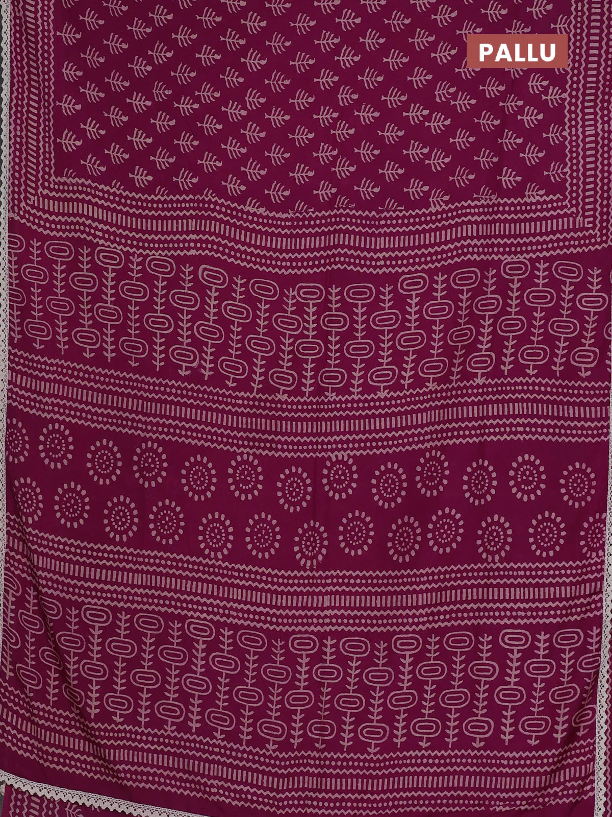 Semi pashmina silk saree purple and cream with allover butta prints and crocia lace work border - Image 3