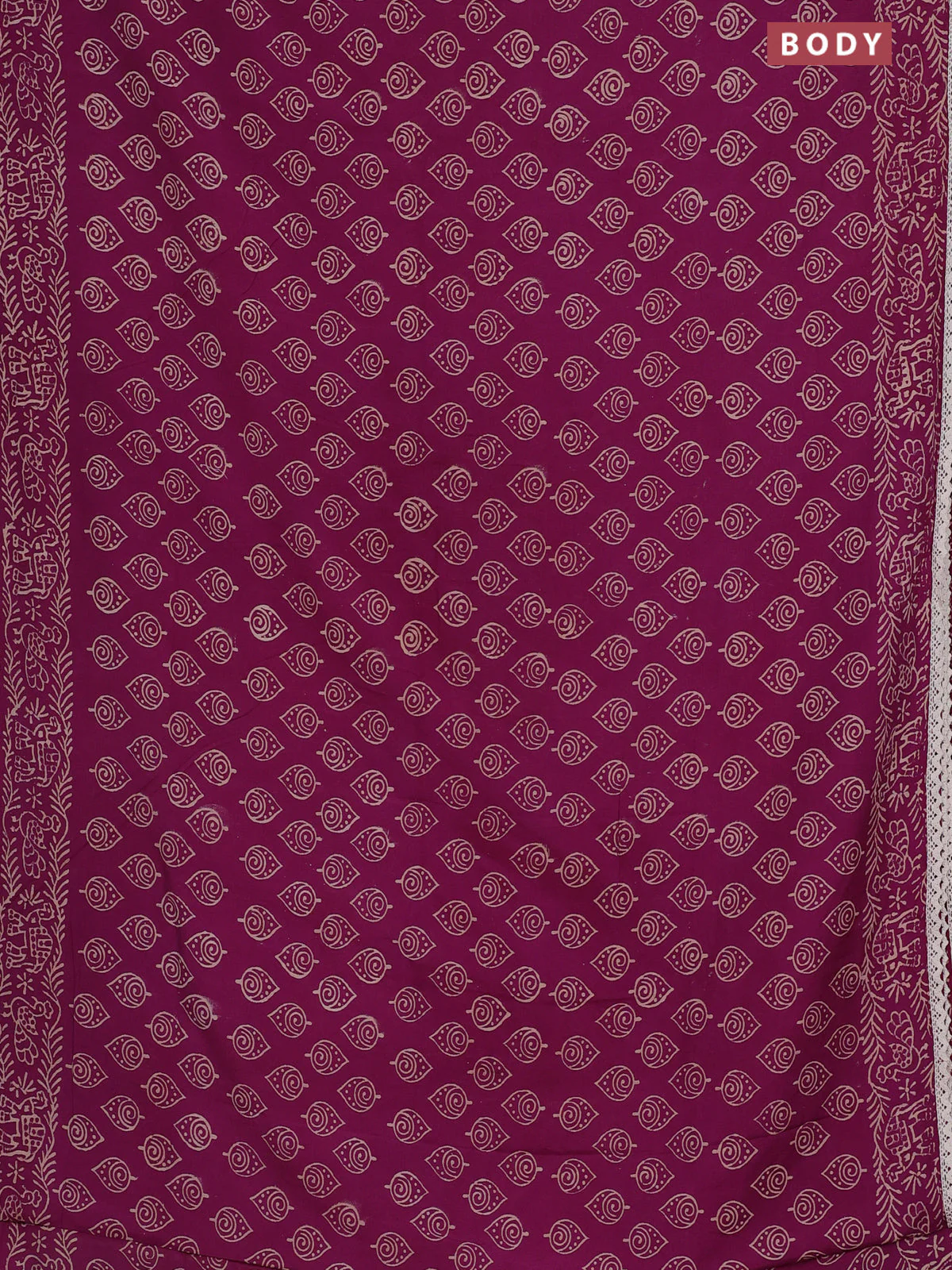 Semi pashmina silk saree purple and cream with allover butta prints and crocia lace work border - Image 2
