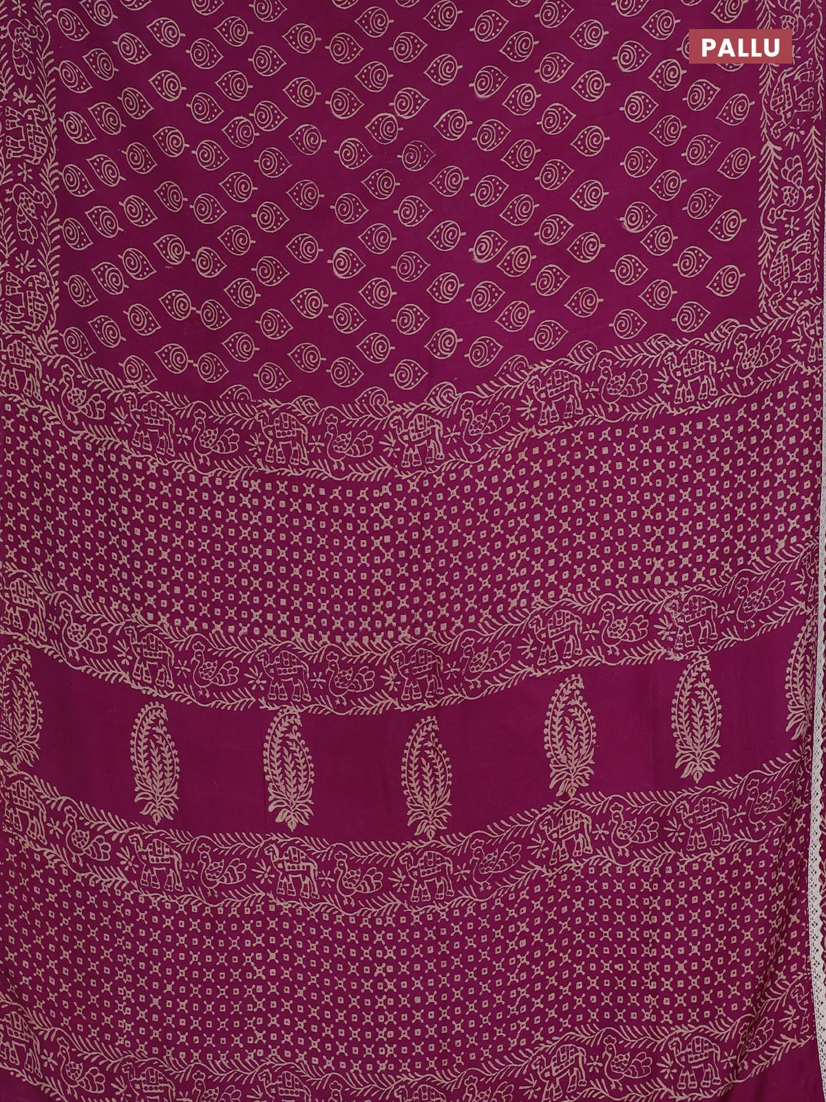 Semi pashmina silk saree purple and cream with allover butta prints and crocia lace work border - Image 3