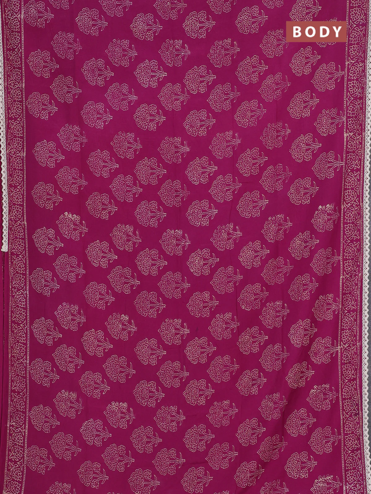Semi pashmina silk saree purple and cream with allover floral butta prints and crocia lace work border - Image 2